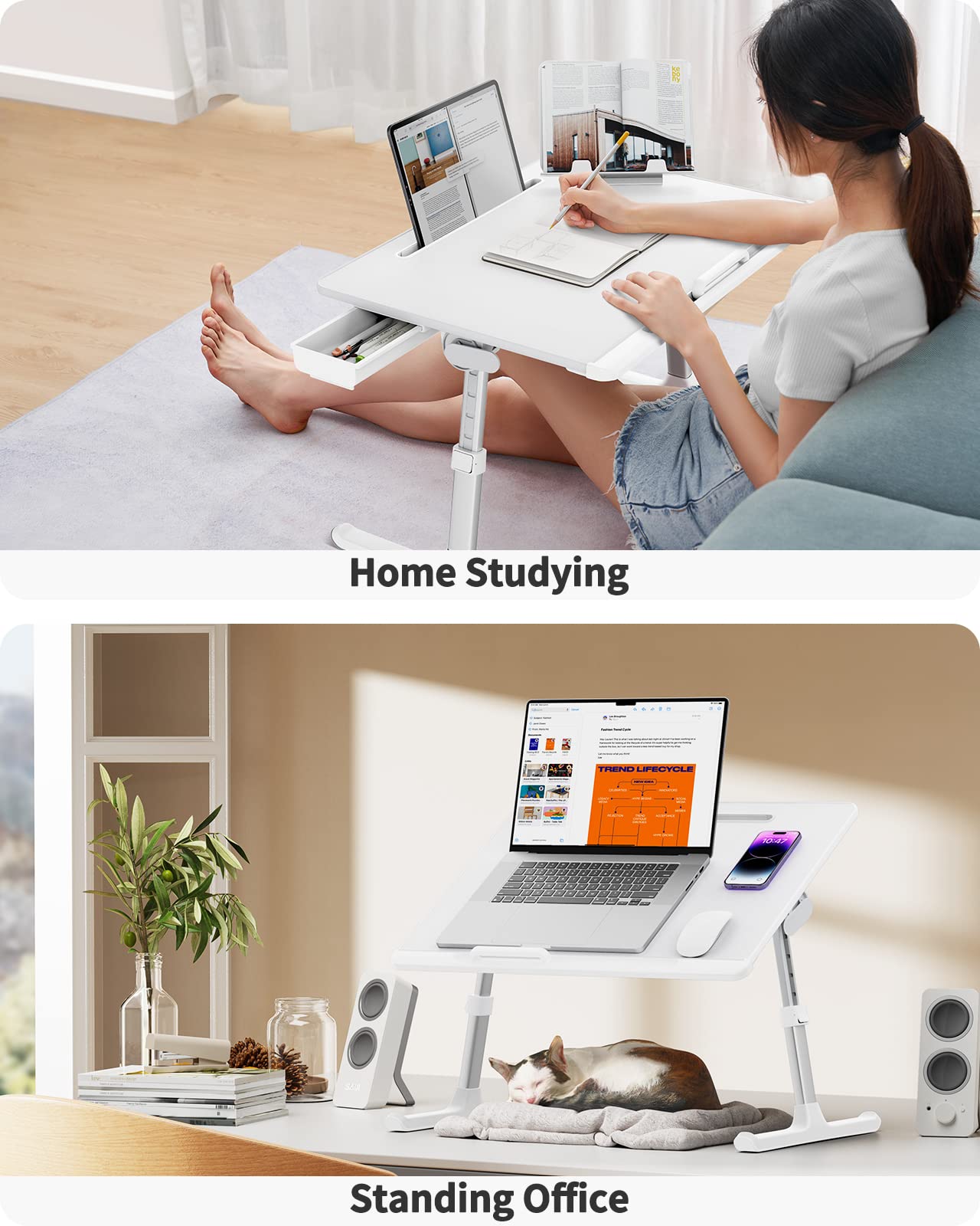 SAIJI Adjustable Laptop Bed Tray Table - Foldable Bed Desk with Storage Drawer for Eating, Working, Writing, Gaming & Drawing - White X-Large - Perfect for Home Office, Dorm Room & Bedside Use