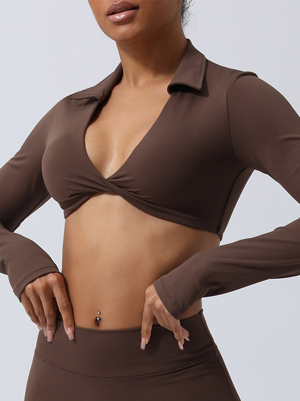 ZASUWA Women's Twist Front Breathable Yoga Top with Built-in Chest Pads - Long Sleeve Workout Shirt for Yoga, Pilates & Gym Training