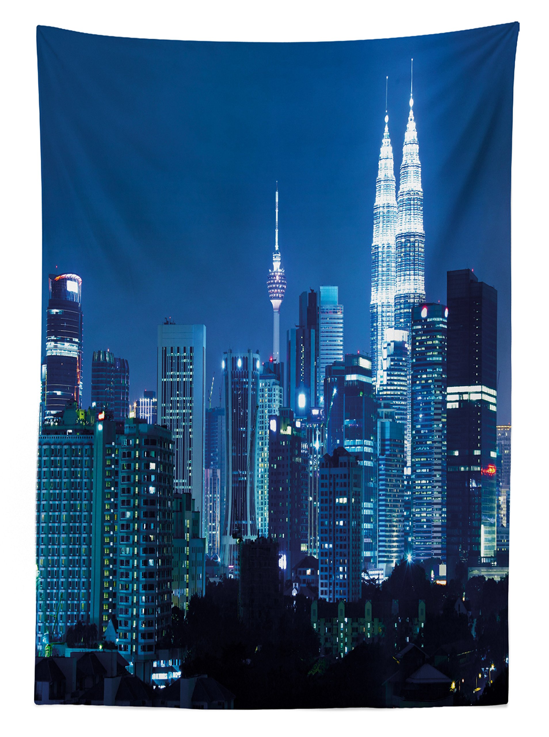 Ambesonne Waterproof Outdoor Tablecloth - Kuala Lumpur Skyline Night View with KLCC Twin Towers, Malaysian Landmark Monochrome Photo Print, Washable Picnic Table Cover 58x104 Inches Navy Black - Perfect for Backyard BBQs, Garden Parties & Beach Picnics