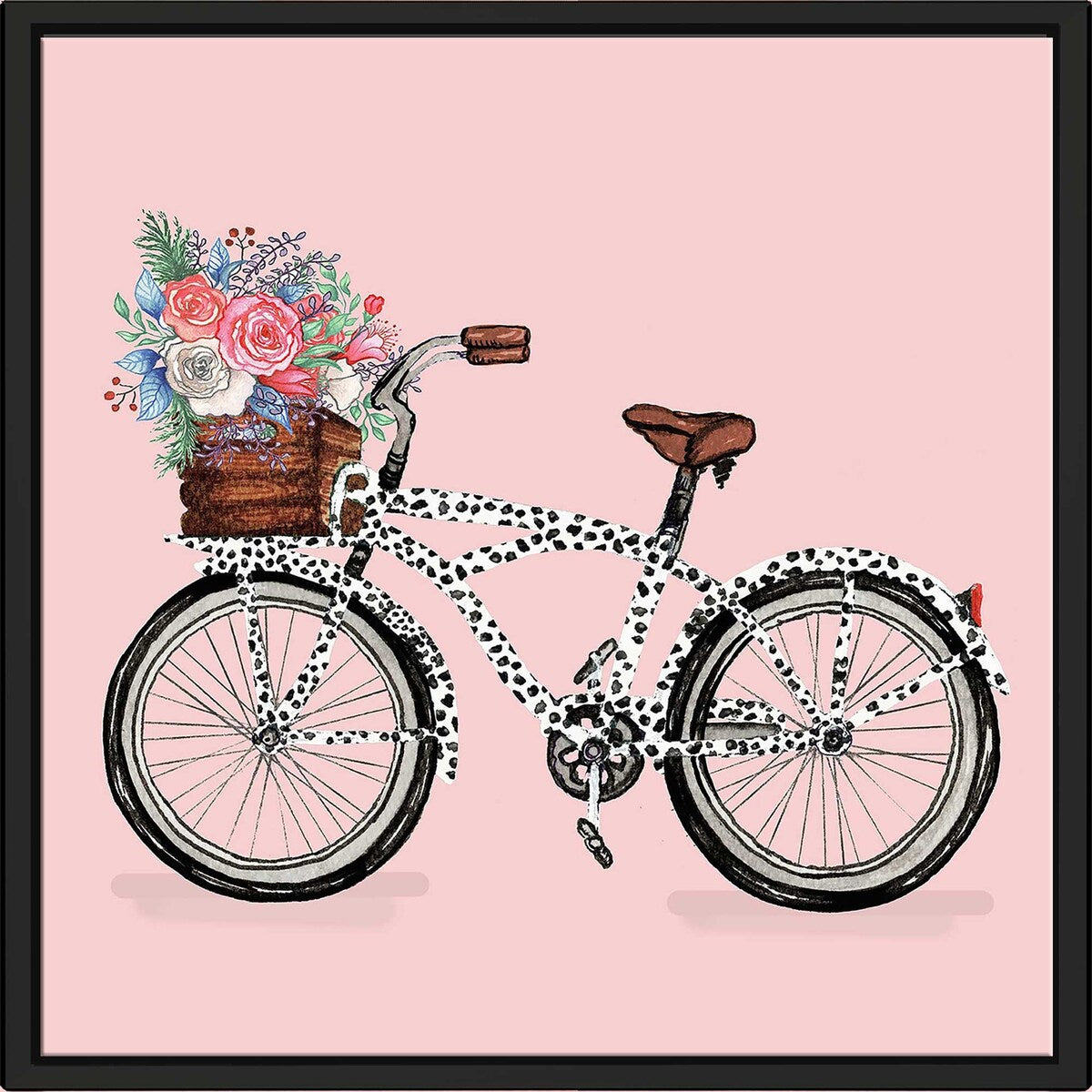 Floral Print Bicycle with Basket - Stylish Canvas Wall Art for Home, Office, and Cafe Decor