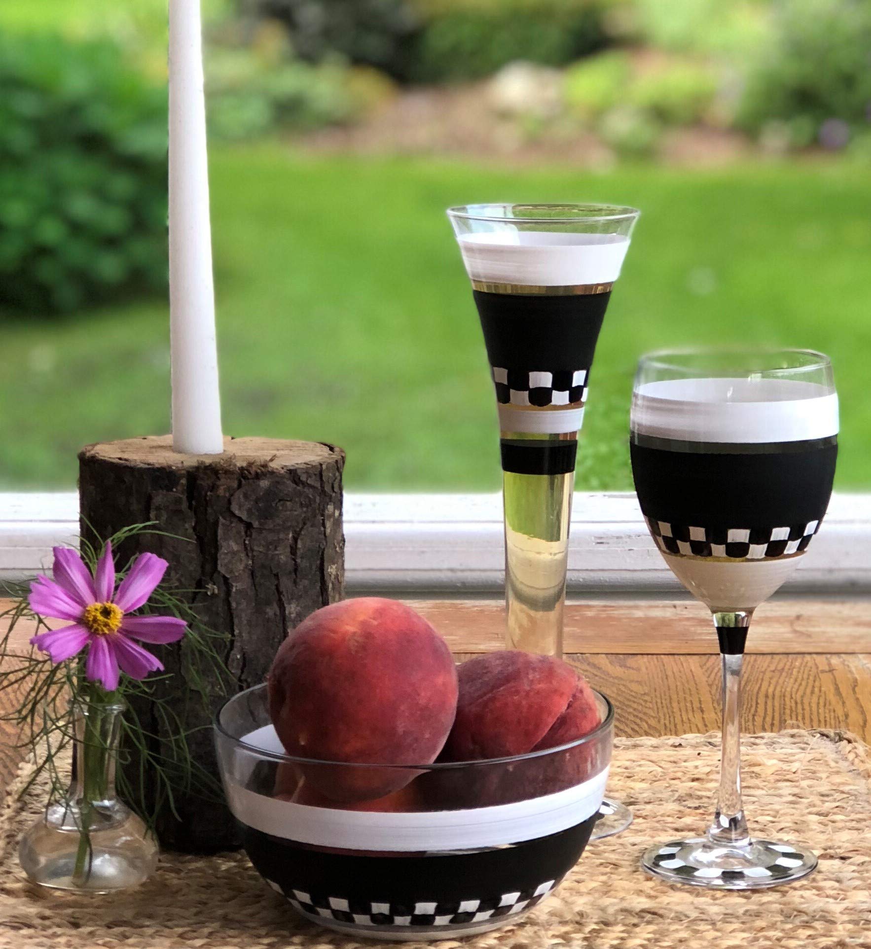Hand Painted Hollow Champagne Flutes Set of 2 - Black and White Checkered Chalk Collection - Unique Glassware by USA Artists - Personalized Chalkboard Wine Glasses for Weddings, Parties & Home Decor