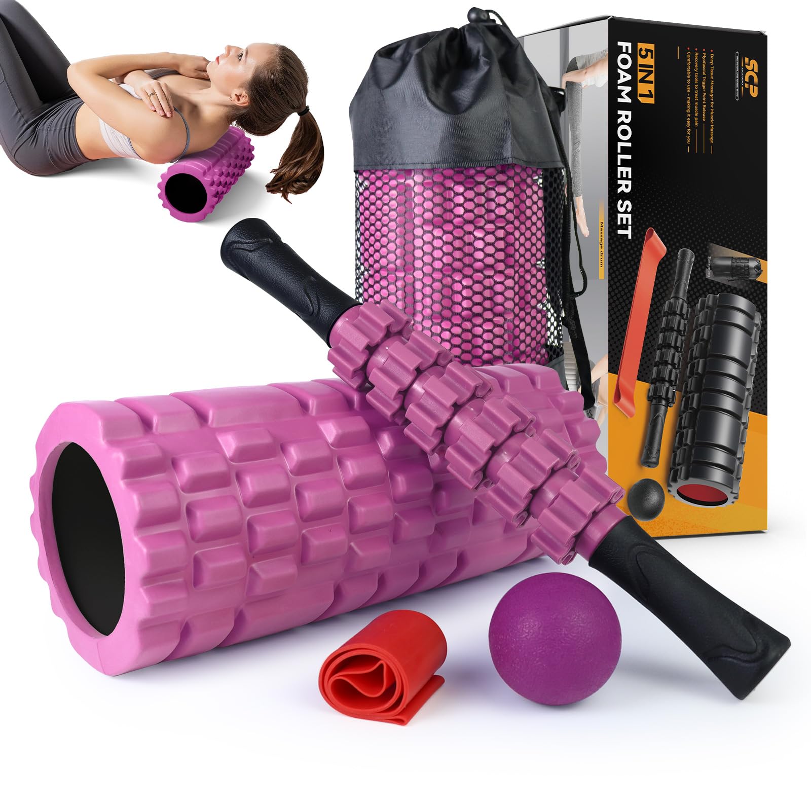 5 in 1 Foam Roller Set for Deep Tissue Muscle Massage & Recovery - Trigger Point Fitness Patented Exercise Foam Roller, Massage Roller, Massage Ball & Stretching Strap - Full Body Pain Relief for Athletes, Yoga & Post-Workout Recovery (Pink-Black)