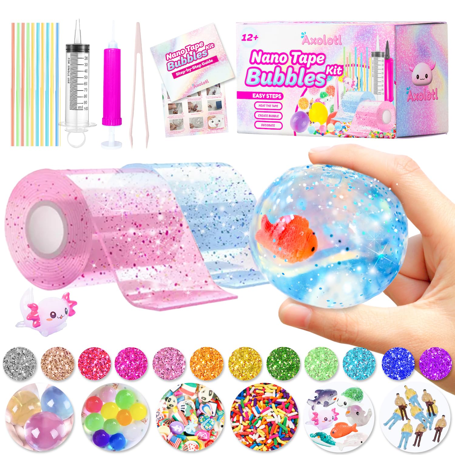 Axolotl Nano Tape Bubble Kit - Double Sided Adhesive Elastic Bubbles DIY Craft Set, Stress Relief Squishy Ball Toys for Anxiety, Party Favors & Fidget Toys for Kids, Boys & Girls - Perfect for Classroom Activities, Birthday Gifts & Sensory Play