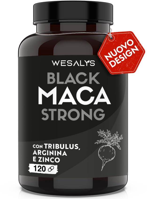 Premium Black Maca Peruvian + Tribulus Terrestris + L-Arginine + Zinc | High Potency Supplement | Made in Italy | Muscle Mass Gainer | Natural Energy Booster | by Wesalys | for Bodybuilding, Workout Performance & Vitality
