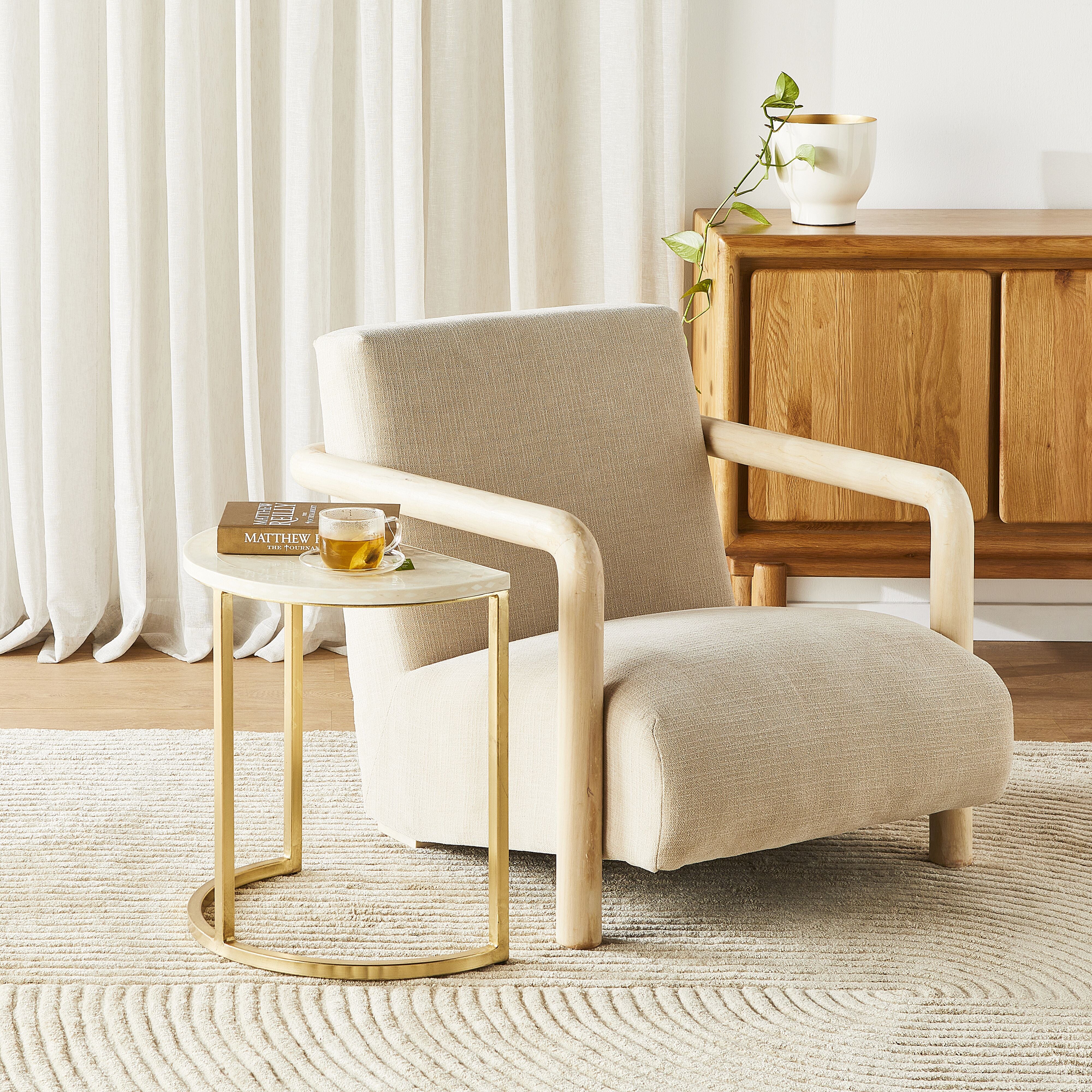 Handcrafted Bone Inlay Half Moon Side Table with Gold Frame - 21 Inch Beige Accent Table for Living Room, Bedroom & Entryway Decor