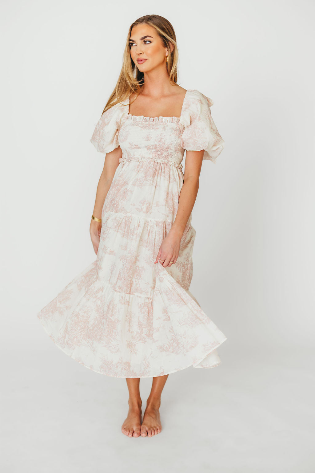 Elena 100% Cotton Toile Print Smocked Midi Dress - Bump Friendly Maternity Dress in Pink | Perfect for Baby Showers, Summer Weddings & Casual Outings *PRE ORDER*