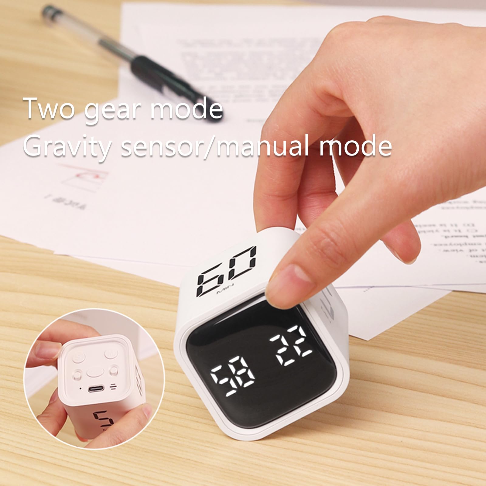 Rechargeable Digital Cube Pomodoro Timer - 5/10/30/60min & Custom Countdown with Vibration & Adjustable Alarm - Productivity Tool for Office Work, Kitchen Cooking, ADHD Kids Study & Focus (White)