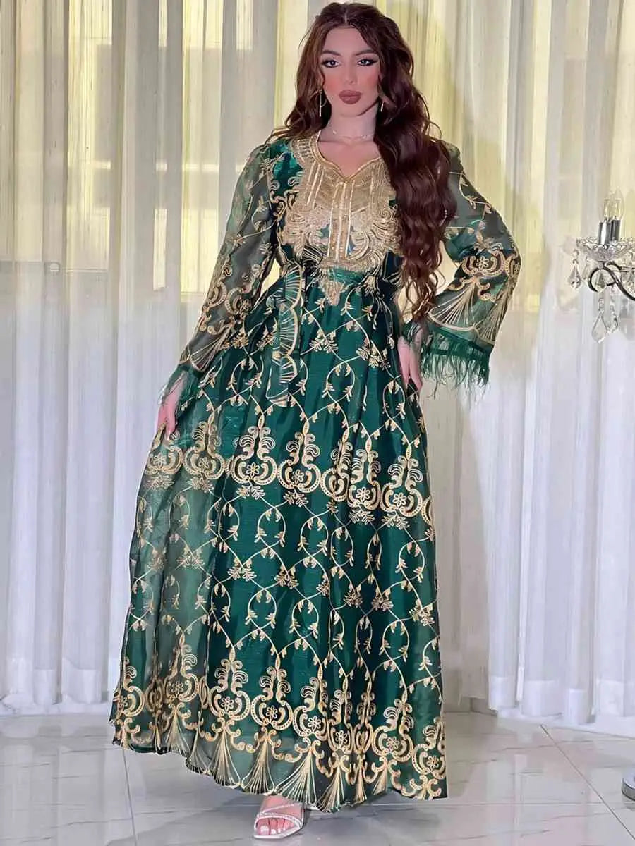 Elegant Eid Outfits for Women - Sparkling Sequins & Embroidery Muslim Caftan Kaftan Dress Jalabiya - Perfect for Eid Celebrations, Weddings & Special Occasions