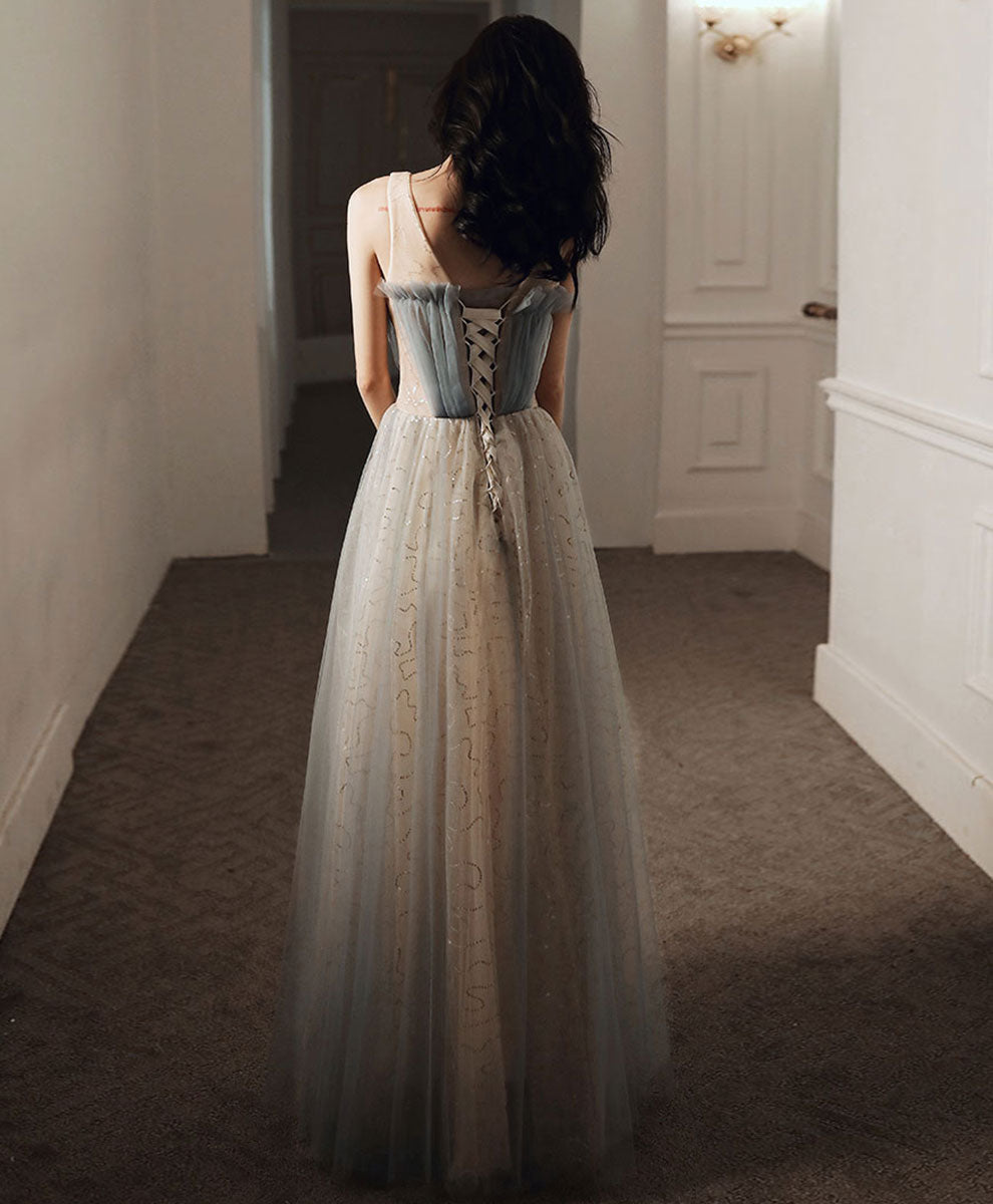 Elegant Blue V-Neck Tulle Long Prom Dress with Sequin Details - Formal Evening Gown for Homecoming, Ball, and Special Occasions