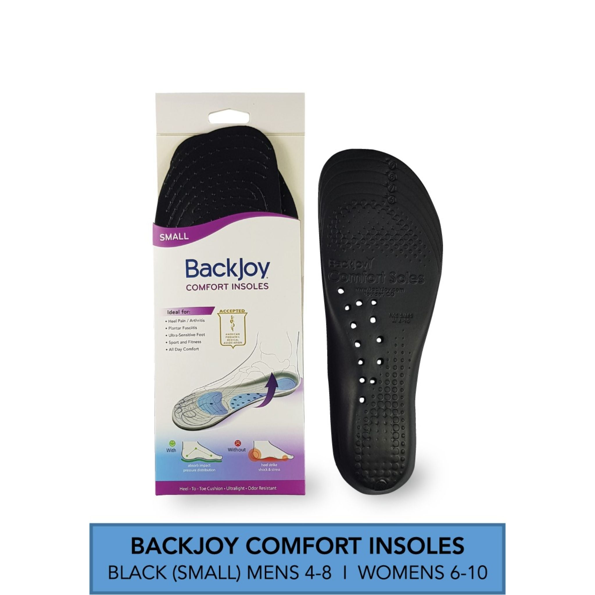 BackJoy Comfort Insoles for Women (Size 6-10) & Men (Size 4-8) - Small, Black - Arch Support & Pain Relief for Standing, Walking & Work Shoes