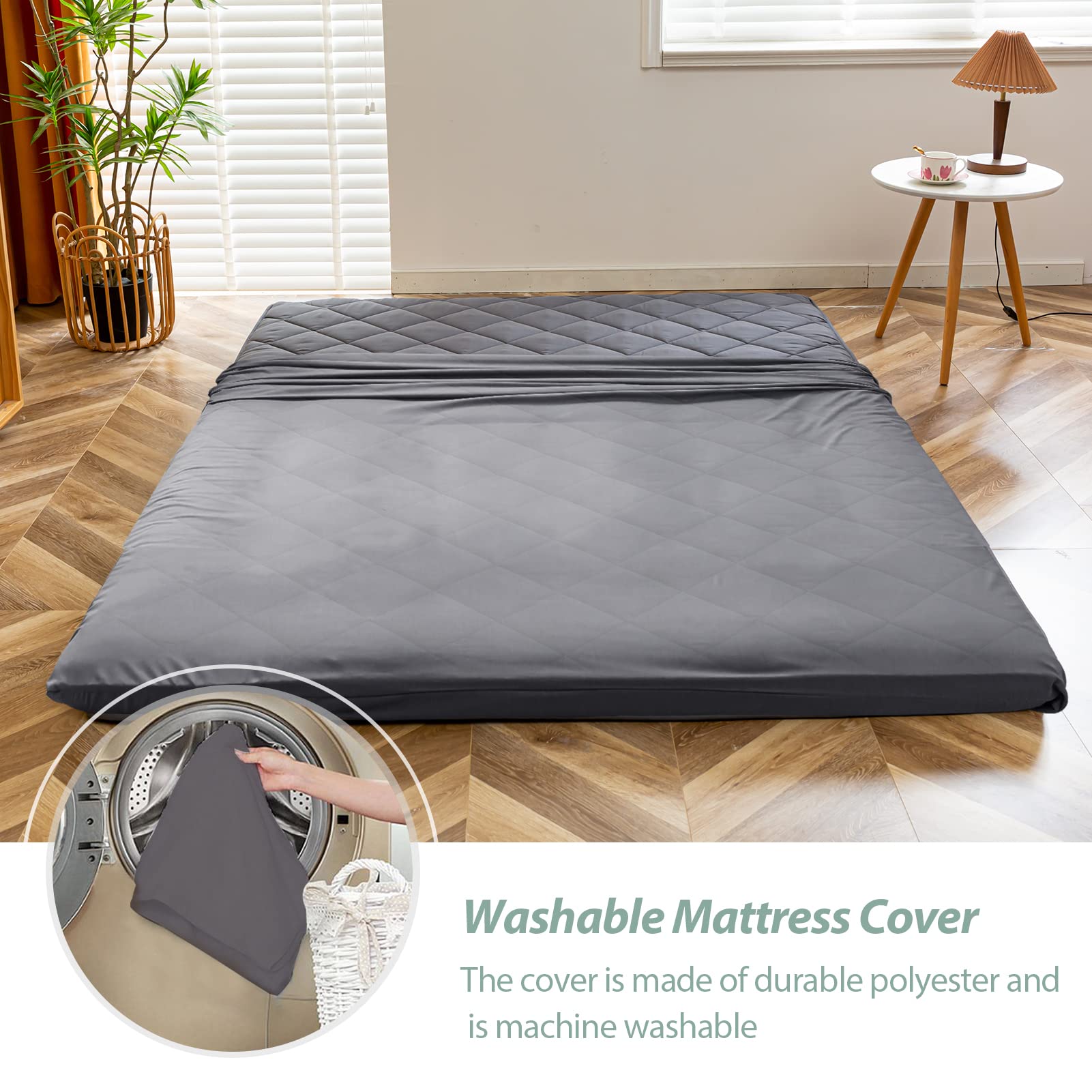 MAXYOYO Japanese Floor Futon Mattress - Full/Queen Size Foldable Floor Bed with Diamond Pattern | Portable Foam Mattress for Adults | Ideal for Guest Rooms, Small Apartments & Camping (Dark Grey)