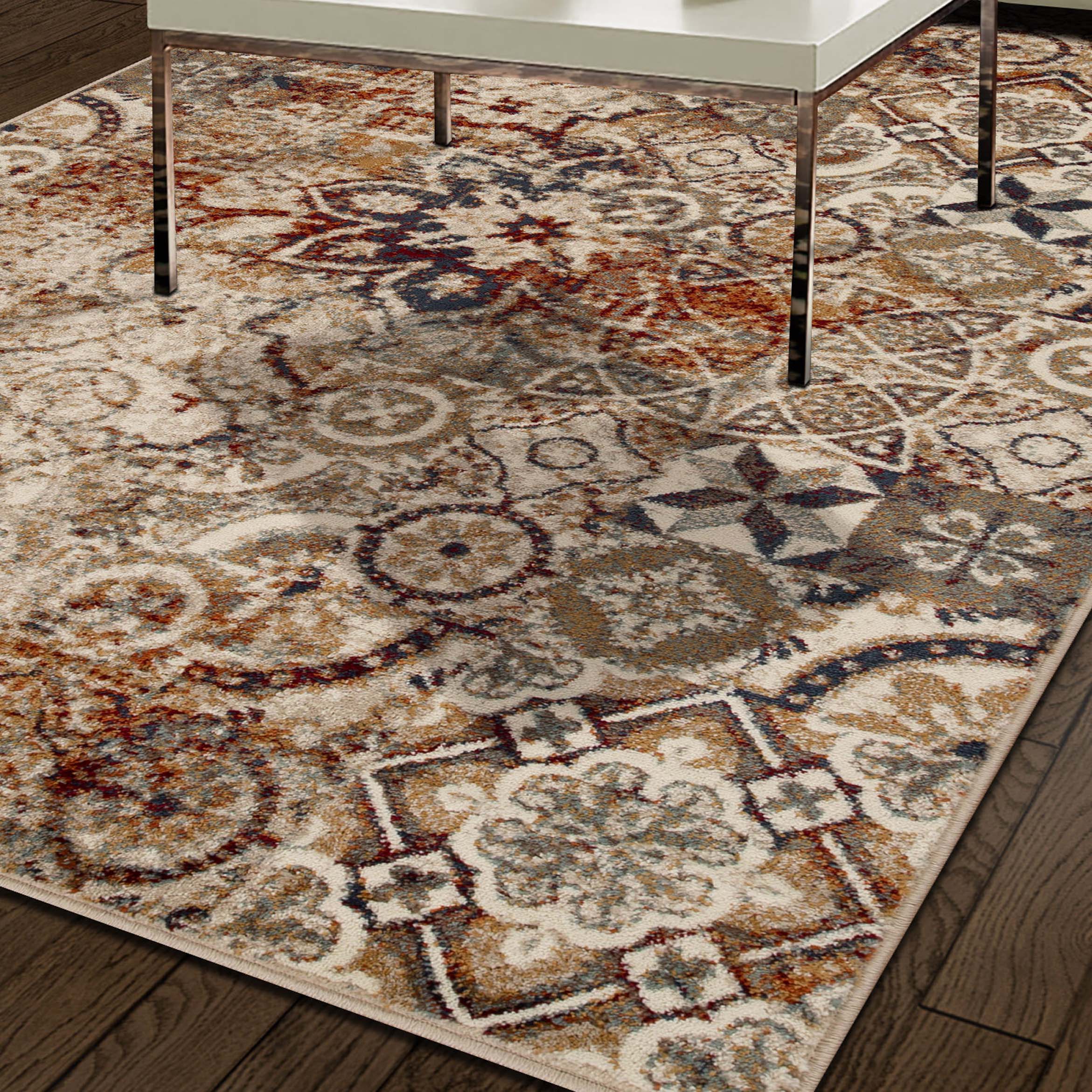 Stylish Rangoli Geometric Medallion Indoor Area Rug - Non-Slip Bohemian Decor for Living Room, Bedroom & Office