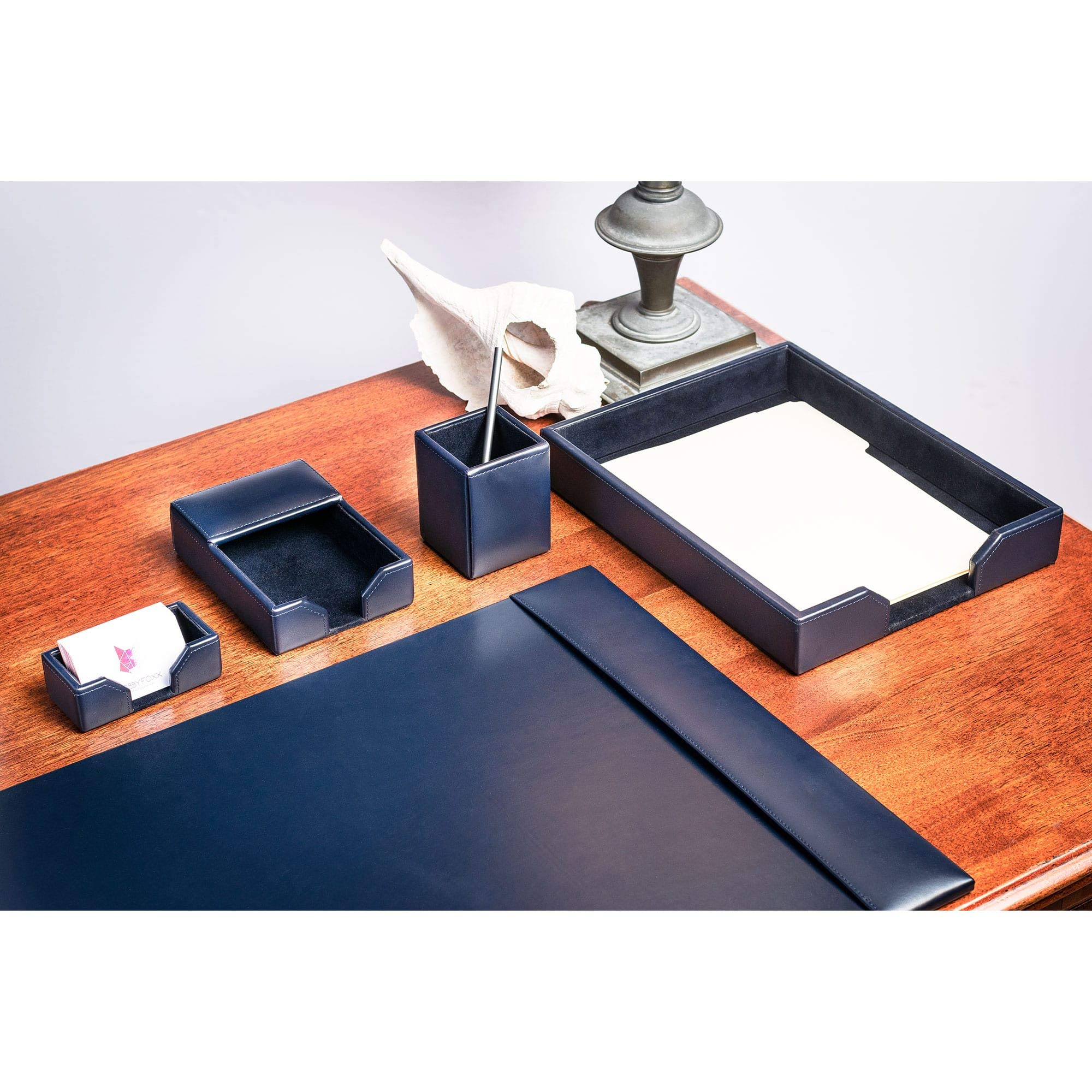 Premium DACASSO Bonded Leather Desk Set - 5-Piece Luxury Leather Desk Pad & Office Organizer (Navy Blue) for Home Office, Executive Desk & Professional Workspace