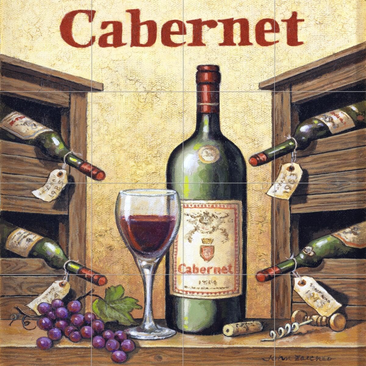 John Zaccheo Cabernet 1 Wine Themed Ceramic Backsplash Tile Mural - Elegant Kitchen Wall Decor for Wine Cellars, Bars & Dining Areas
