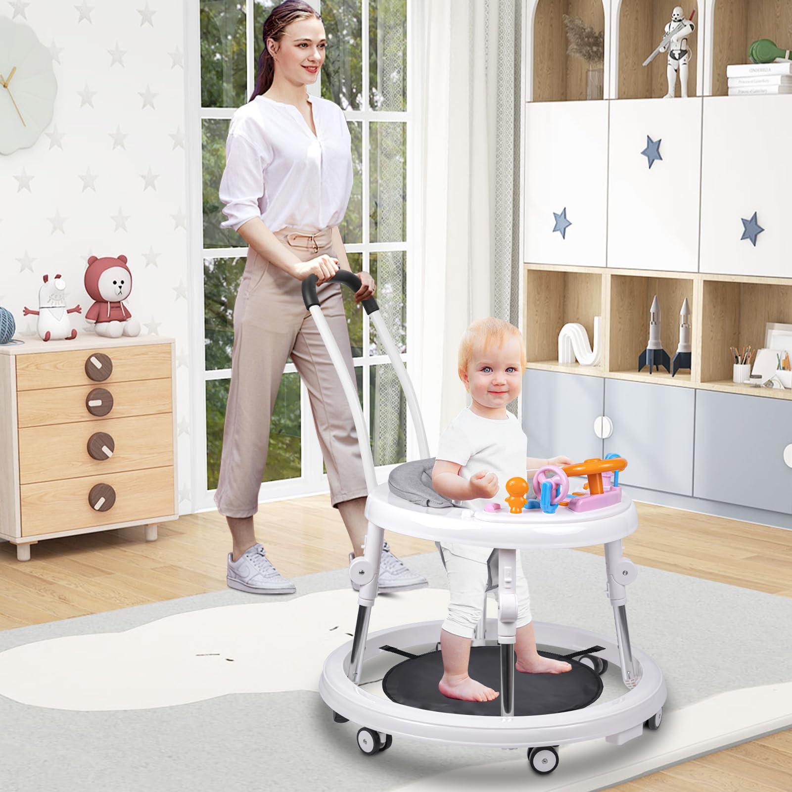 Foldable 9-Speed Adjustable Baby Walker with Wheels & Music - Anti-Fall Infant Activity Center with Foot Pads for Boys & Girls 6-24 Months | Perfect for Learning to Walk & Indoor Playtime