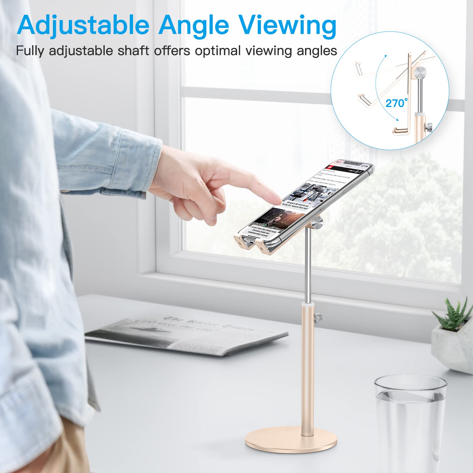 OMOTON Adjustable Aluminum Phone Stand for Desk - Gold | Compatible with iPhone 13/12/11/Pro/Max, Samsung Galaxy, All Smartphones & Tablets 4-11