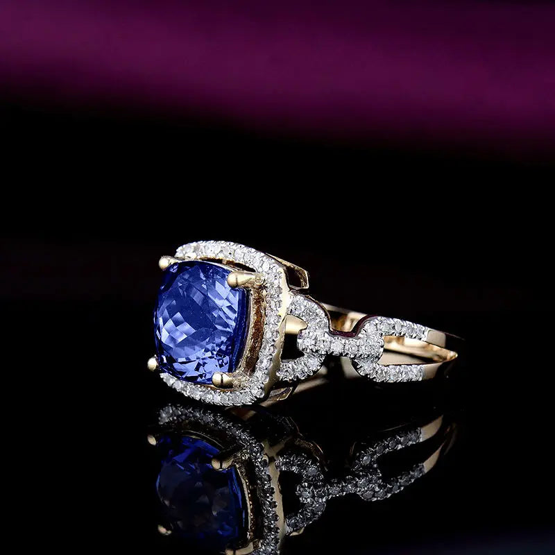 Vintage 14K Yellow Gold Cushion Cut Tanzanite & Diamond Wedding Ring for Women - Elegant Bridal Jewelry, Engagement Ring, Anniversary Gift for Her