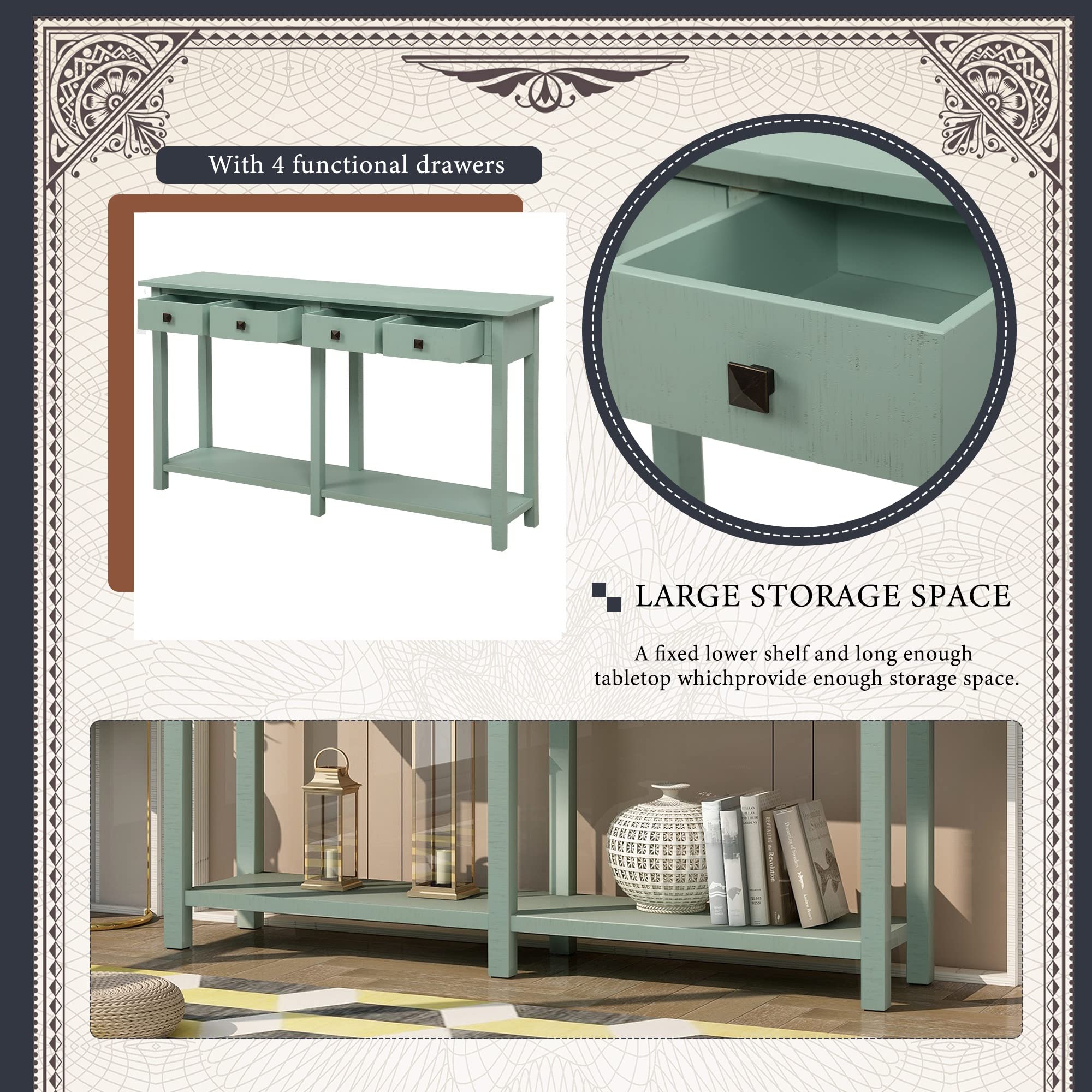 Rustic Brushed Texture Entryway Console Table with Drawers & Bottom Shelf - Farmhouse Style Hallway Sofa Table for Living Room, Entryway & Foyer Decor