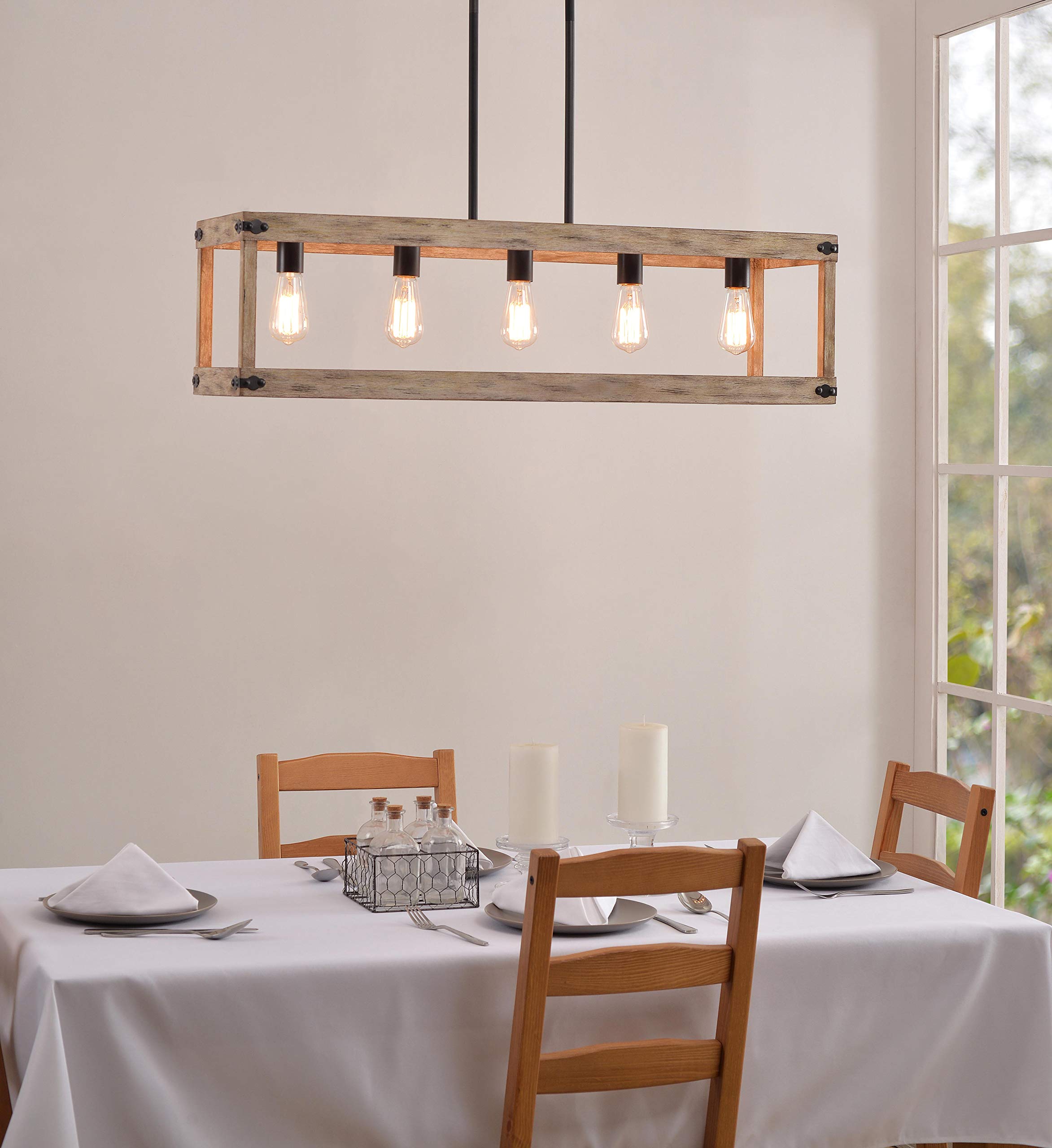 Kenroy Home 93965GRPH Swanson Island Ceiling Light - Distressed White Woodgrain with Graphite Finish - Medium Size Island Pendant Lighting for Kitchen, Dining Room & Farmhouse Decor
