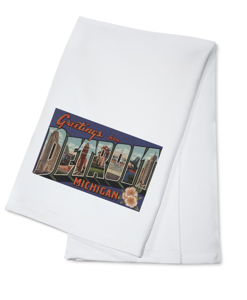 Greetings from Detroit, Michigan 100% Cotton Tea Towel - Blue & White Trim Decorative Hand Towel for Kitchen, Home Decor & Gift - Perfect for Dish Drying, Wall Decor & Housewarming Presents