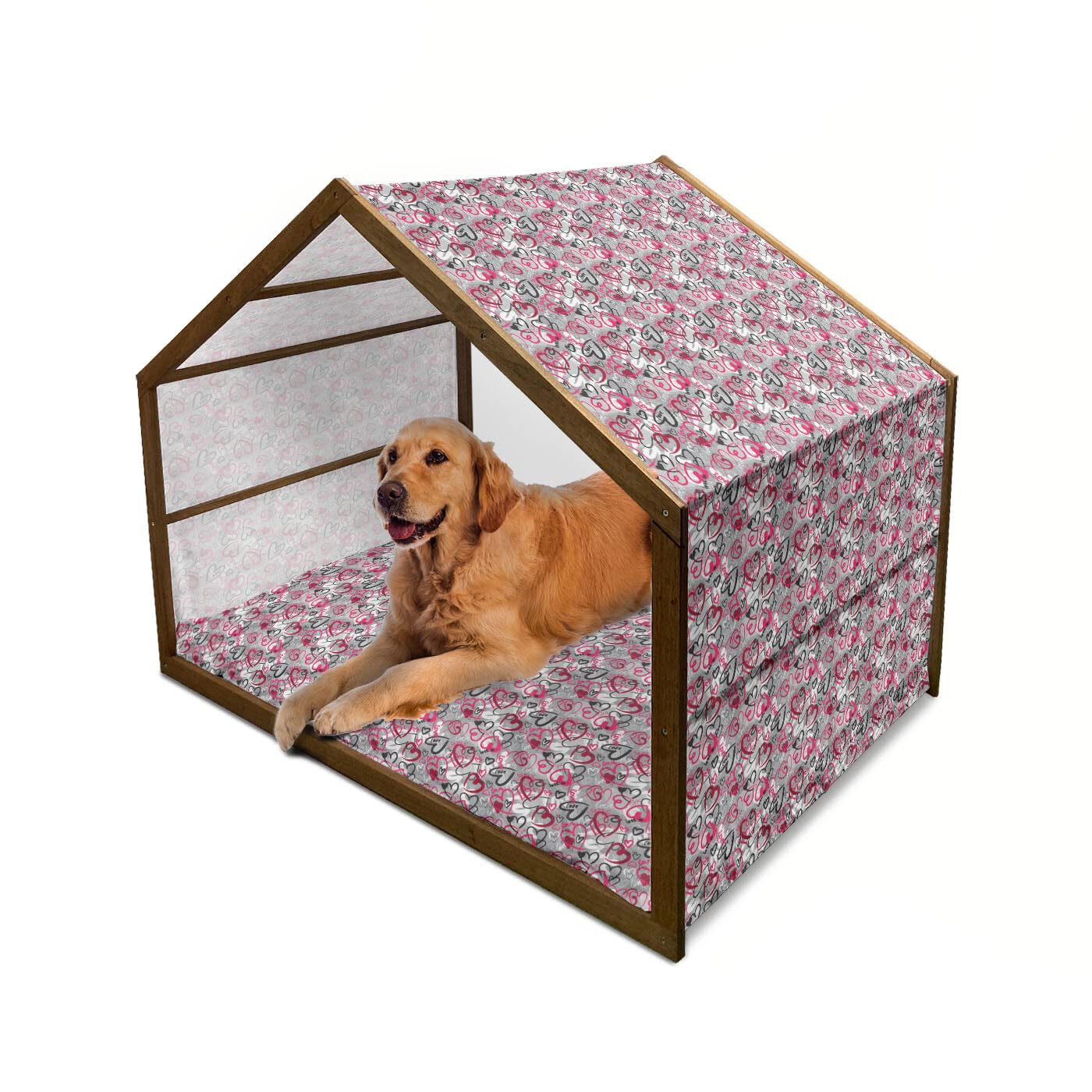 Ambesonne Wooden Dog House for Small to Large Dogs - Hand-Painted Hearts & Love Words Design, Indoor & Outdoor Portable Pet Kennel with Removable Pillow & Cover - X-Large Size, Multicolor - Perfect for Valentine's Day Gifts, Backyard, Patio & Home Decor