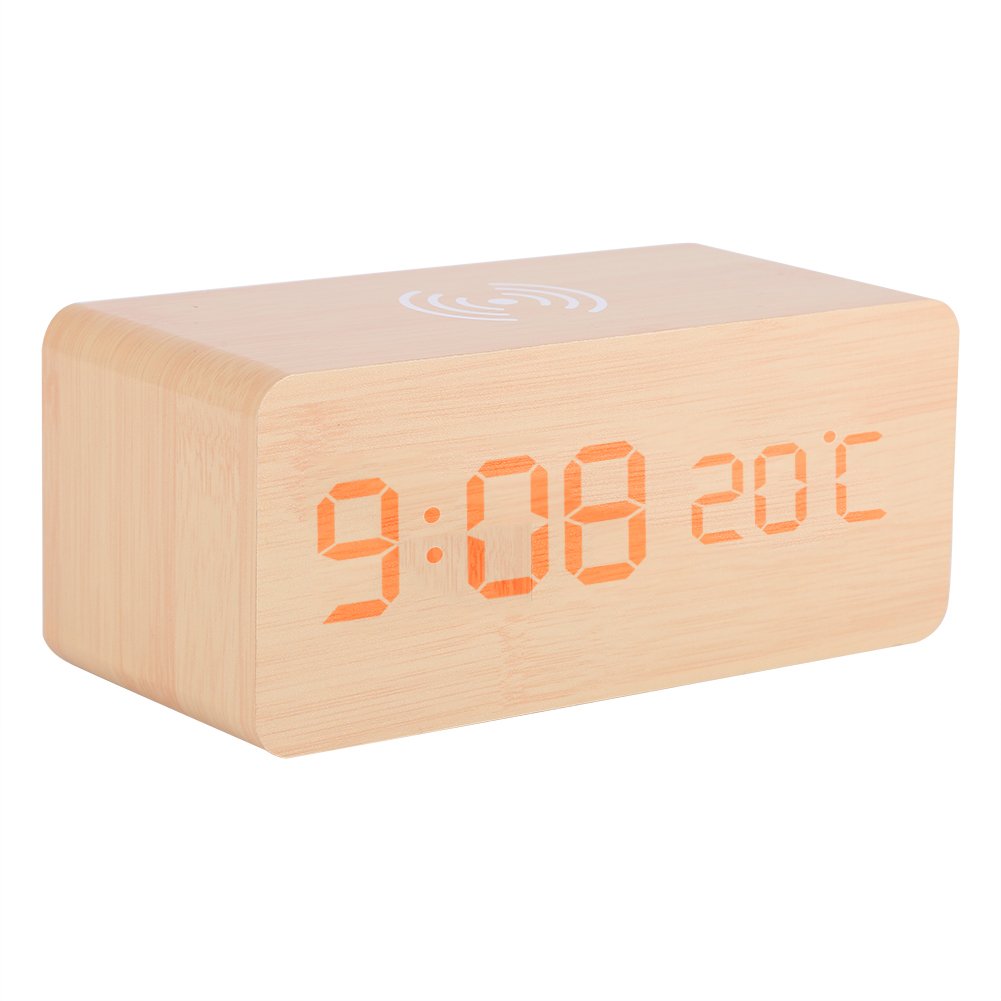 Fdit Wooden LED Alarm Clock with Voice Control, Wireless Charger, Silent Operation - Displays Time, Date & Temperature (Wood Color) - Perfect for Bedroom, Office & Home Decor