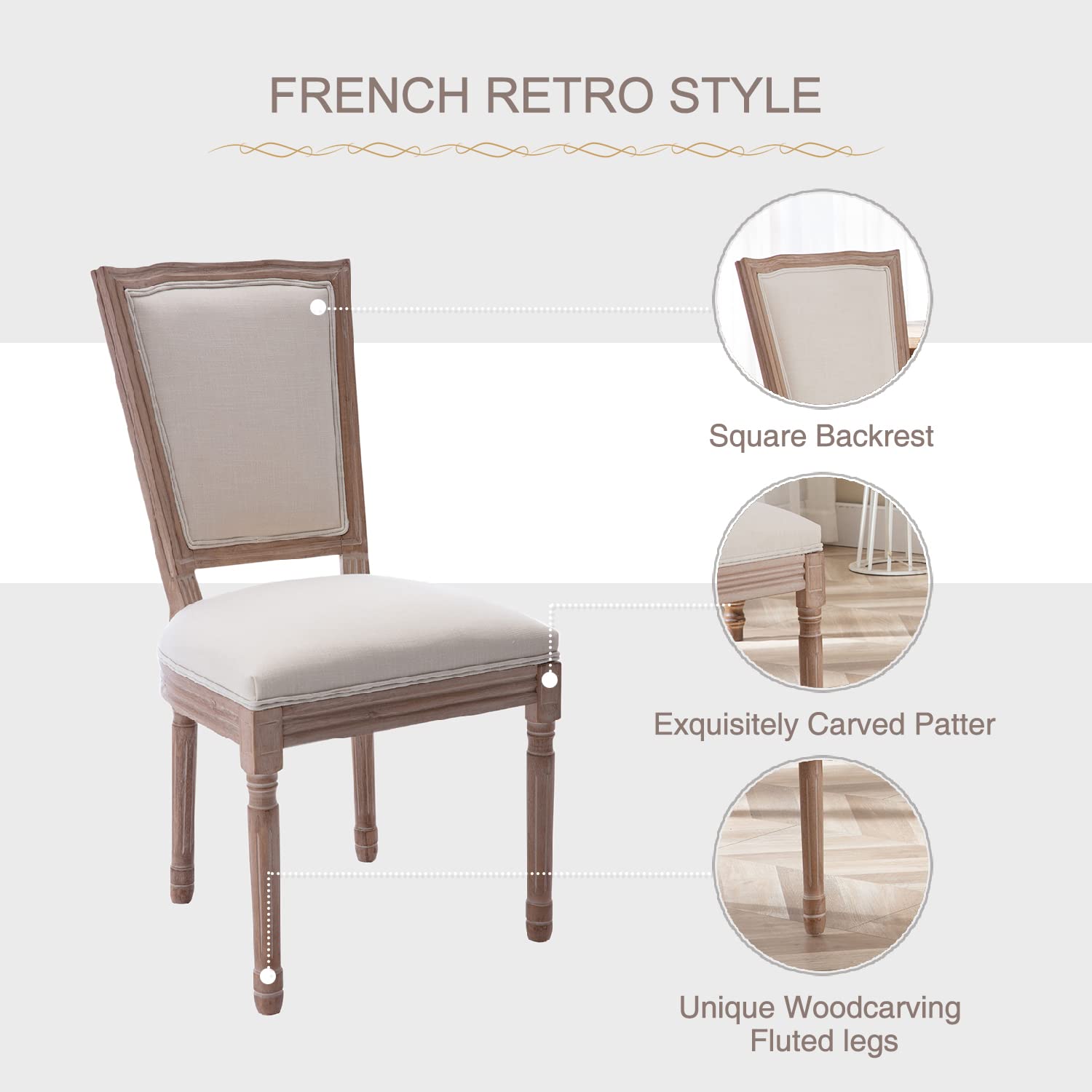 Virabit French Decor Dining Chairs Set of 4 - Louis XVI Style Solid Wood Square Back Chairs with Exquisite Carvings - Perfect for Living Room, Kitchen, Restaurant & Home Decor