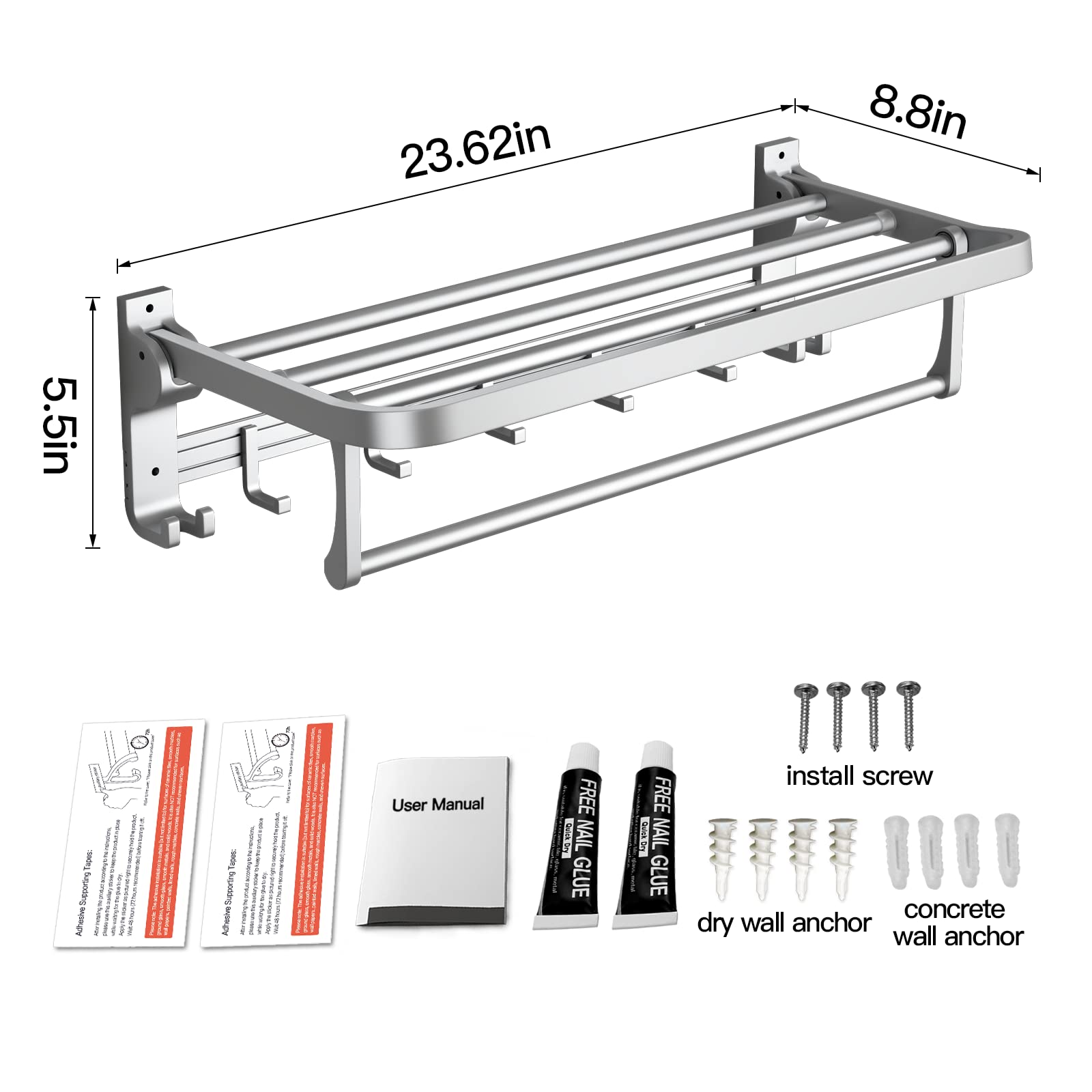 Foldable Wall Mounted Towel Rack with Bar & Hooks - 23.6 Inch Bathroom Towel Organizer Shelf in Matte Silver - Perfect for Small Bathrooms, Laundry Rooms & Spa Spaces
