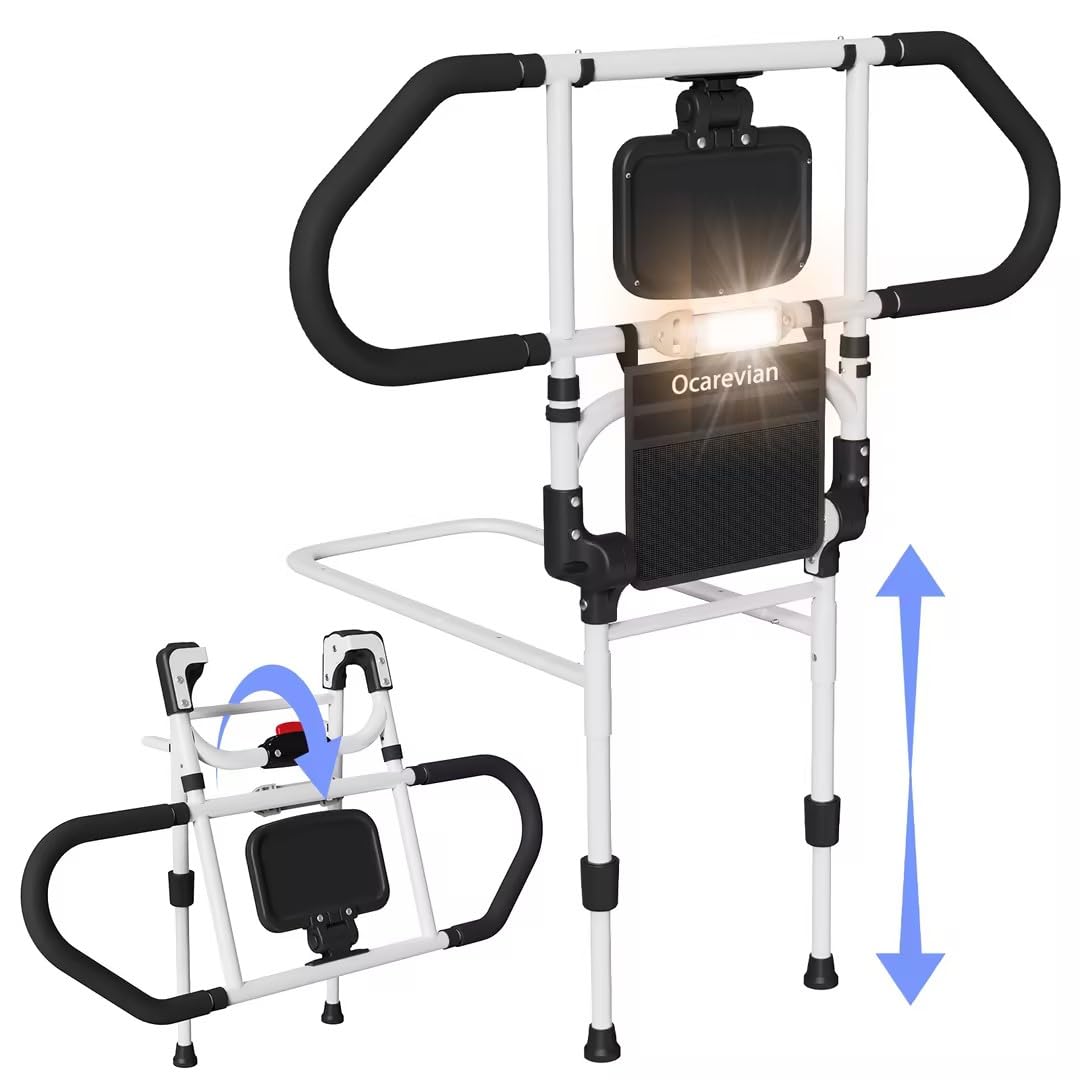 Adjustable Bed Rails for Elderly Adults - Safety Bed Assist Rails with Sensor Light & Storage Pocket - Foldable Bedside Support for Twin/Full/Queen/King Mattresses - Ideal for Seniors, Post-Surgery Recovery, and Home Care Use