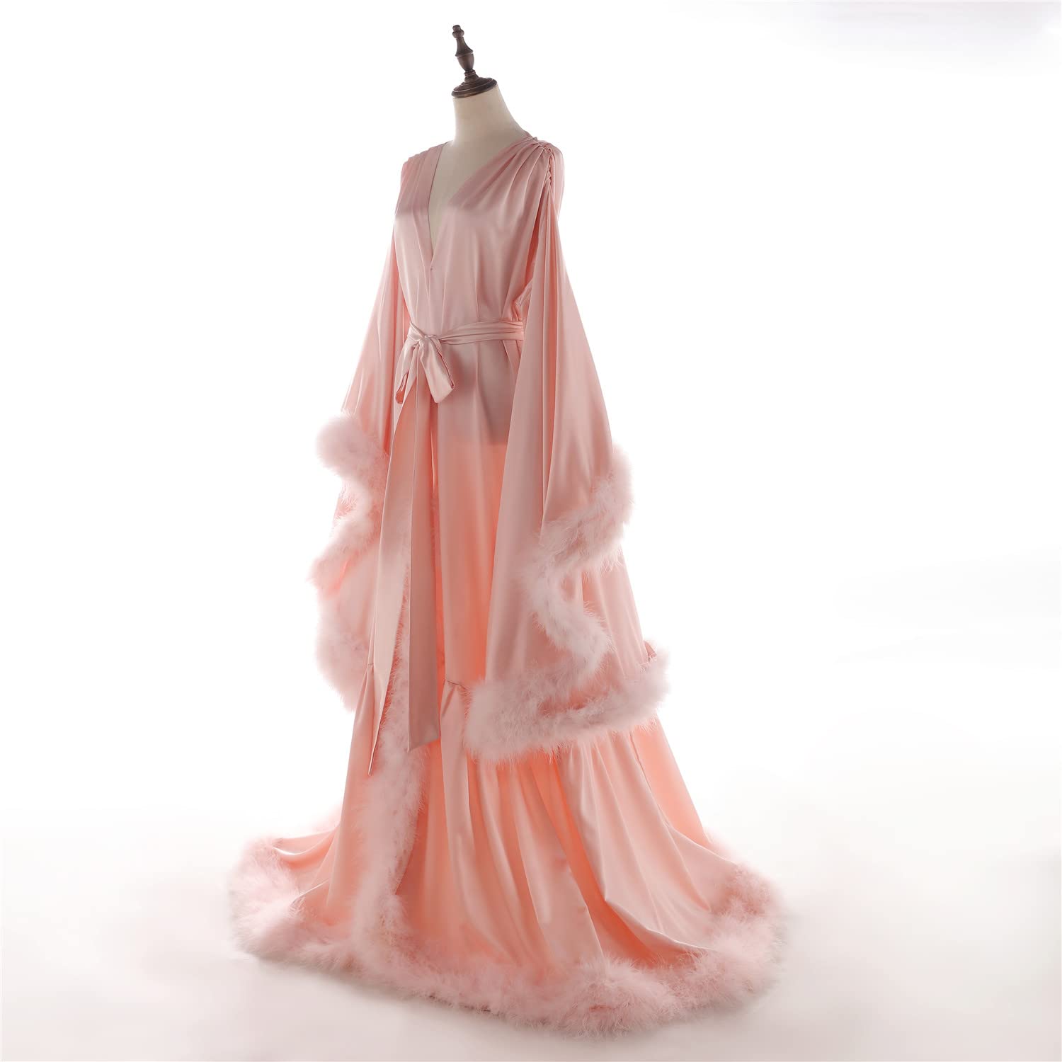 Elegant Women's Feather Bridal Robe - Vintage Hollywood Style Silk Kimono - Maternity & Photoshoot Loungewear - Luxurious Bathrobe & Sexy Lingerie for Weddings, Boudoir, Maternity Photos & Special Occasions