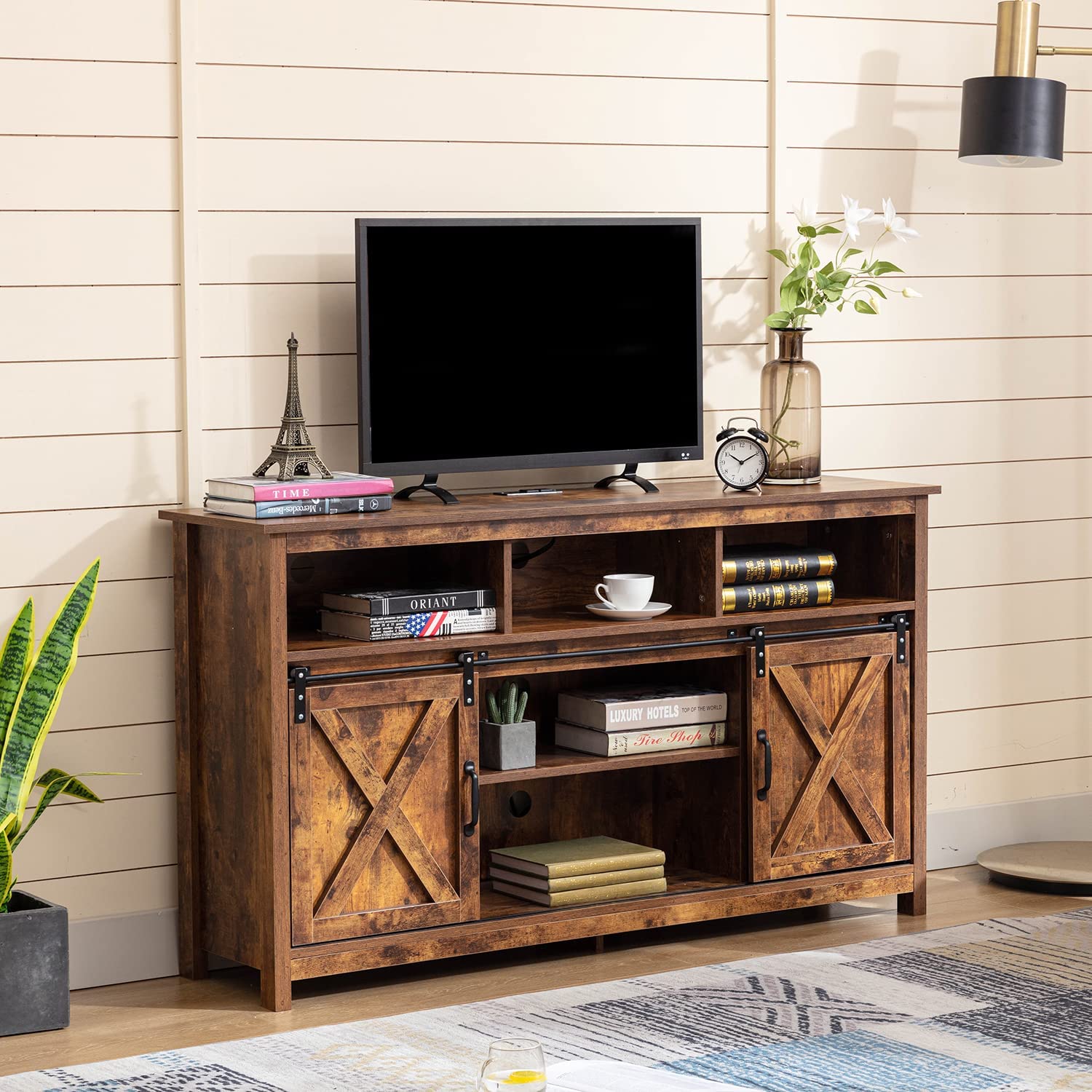 Rustic Farmhouse Coffee Bar Cabinet with Sliding Barn Door & Power Outlet - Buffet Server Sideboard Storage Cupboard for Dining Room, Kitchen, Entryway - Perfect for Coffee Stations, Home Bars & Kitchen Organization (Rustic Brown)