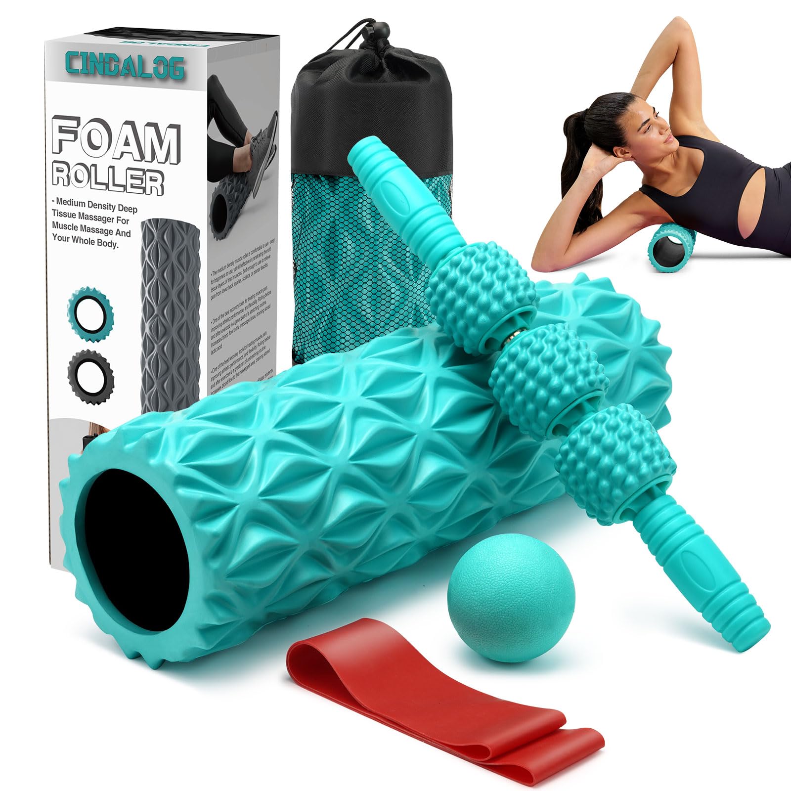 5 in 1 Foam Roller Set - Trigger Point Foam Back Roller, Muscle Roller Stick, Massage Ball & Stretching Band for Deep Tissue Massage, Pilates, Yoga & Fitness | Relieve Muscle Pain, Improve Flexibility & Recovery for Athletes, Gym & Home Workouts