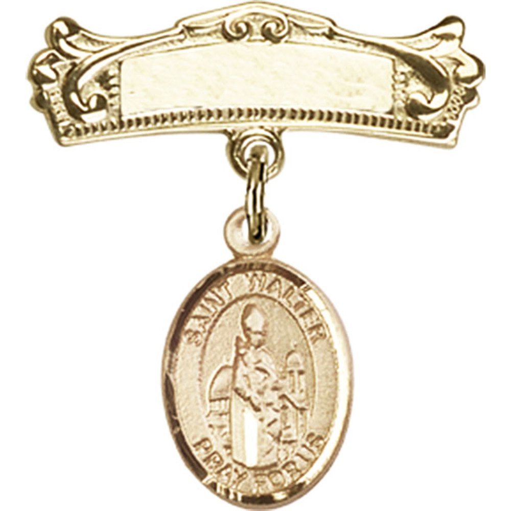 Gold Filled Baby Badge with St. Walter of Pontnoise Charm - 7/8 X 3/4 Inch Arched Polished Pin for Christening, Baptism & First Communion Gifts