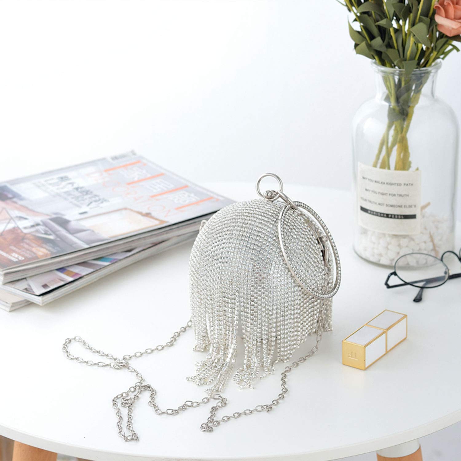 Lanpet Women's Crystal Evening Clutch Purse - Round Ball Design with Tassel, Elegant Wedding Party Handbag for Prom, Gala & Special Occasions
