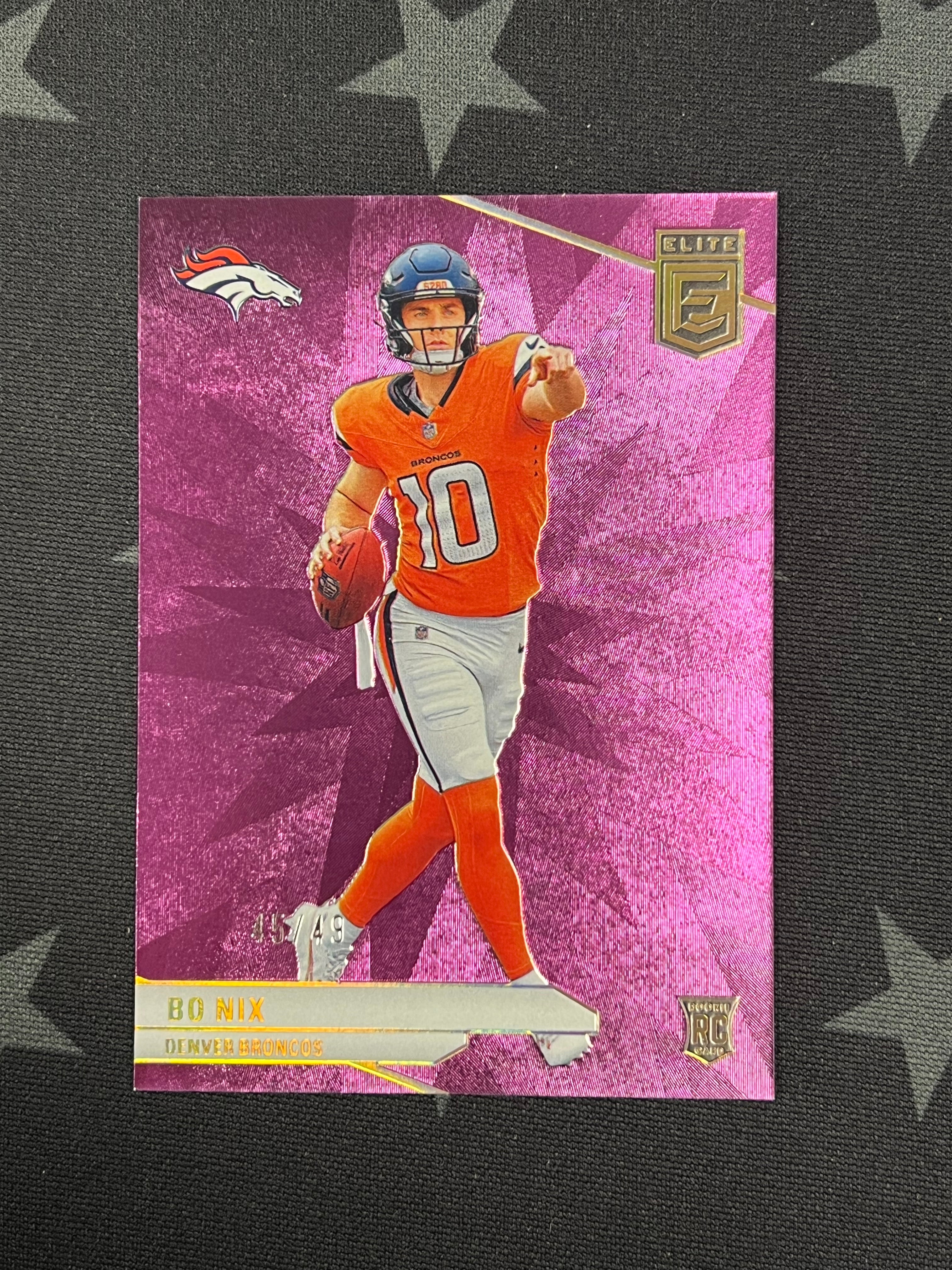 2024 Panini Donruss Elite Bo Nix Purple #45/49 Rookie Football Trading Card - Perfect for Collectors, Fans, and Sports Memorabilia Enthusiasts