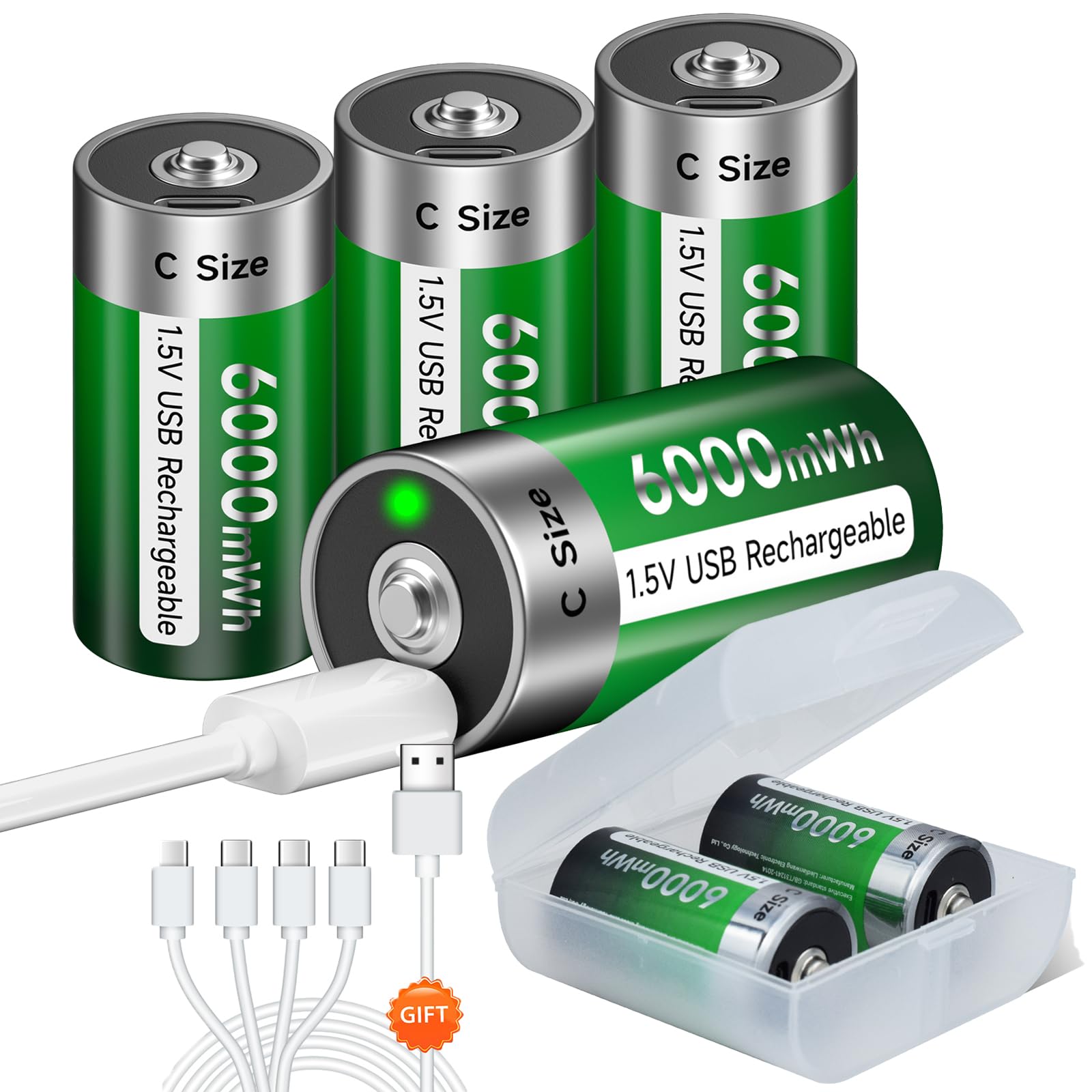 1.5V Rechargeable C/LR14 Batteries - 2 Pack USB Lithium C Batteries 6000mWh with Type-C Cable | Long Lasting Power for Flashlights, Toys & Electronics | Fast Charging & Eco-Friendly
