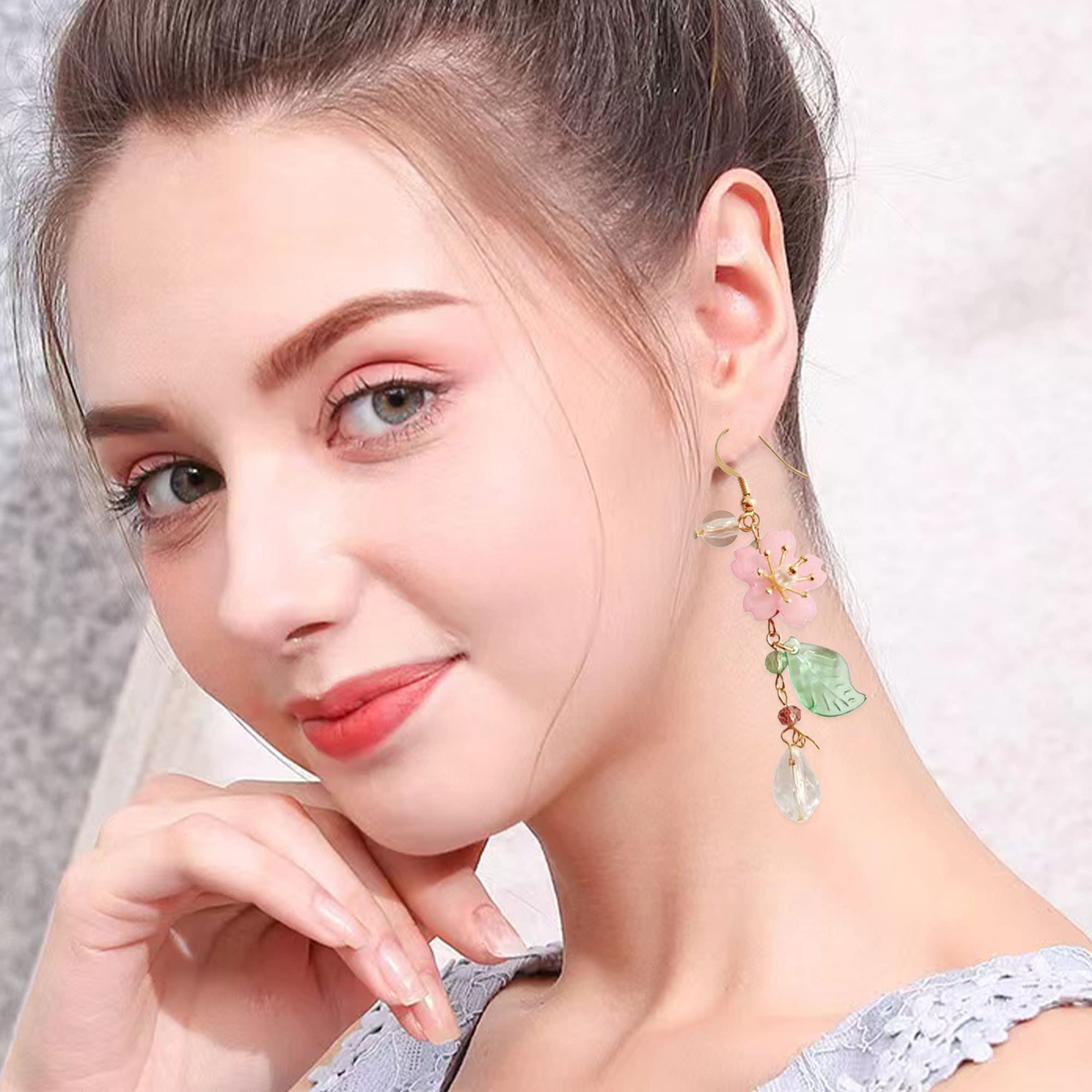 Pink Flower Tassel Dangle Earrings for Women - Pearl & Sakura Leaf Statement Jewelry | Perfect for Summer, Beach Vacations, Boho Fashion & Fairy-Themed Outfits