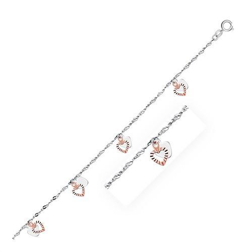 14K White and Rose Gold Anklet with Dual Heart Charms - Adjustable 10