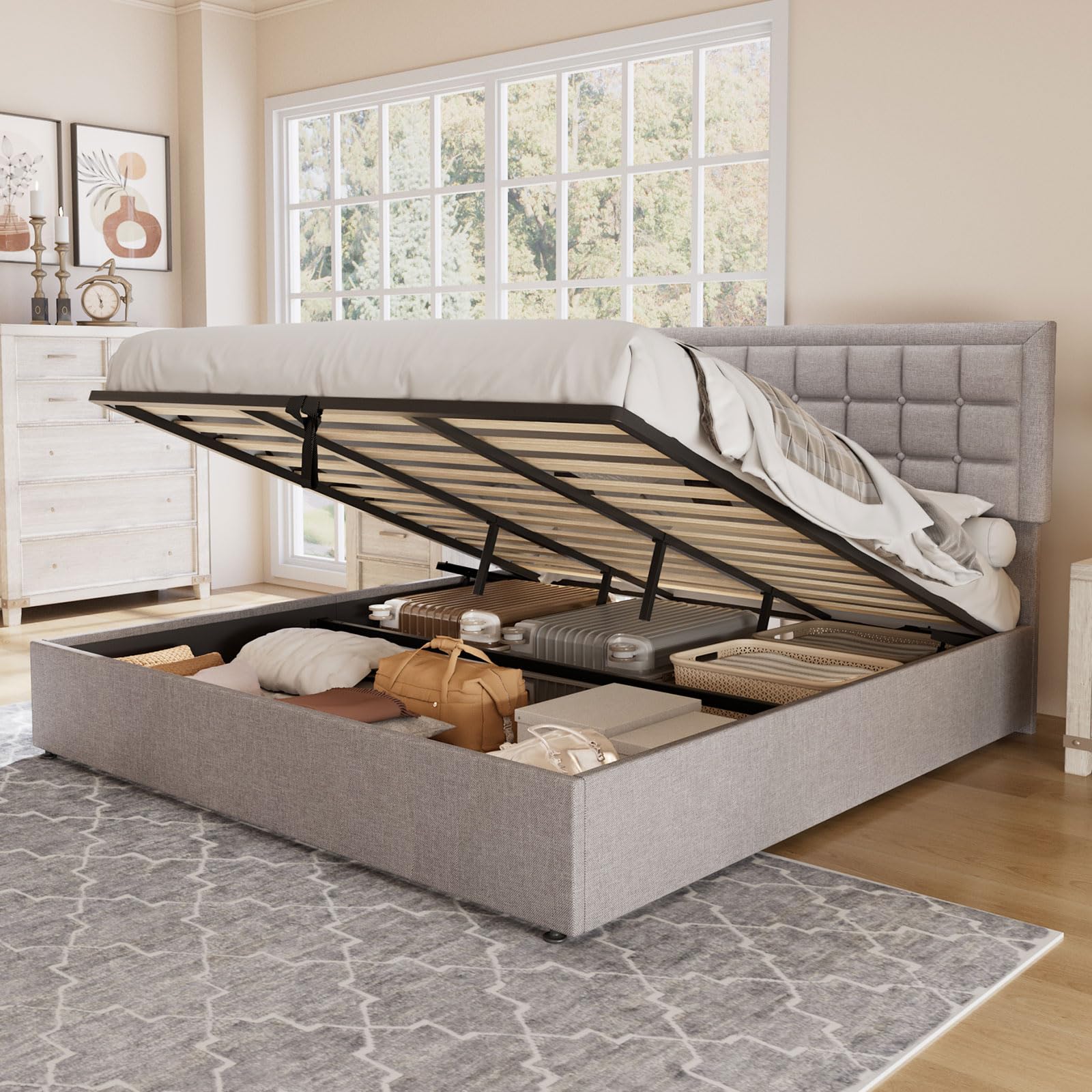 Jocisland King Size Upholstered Storage Bed Frame with Lift Up Platform & Button Tufted Headboard - Light Grey | Modern Bedroom Furniture for Small Space Organization