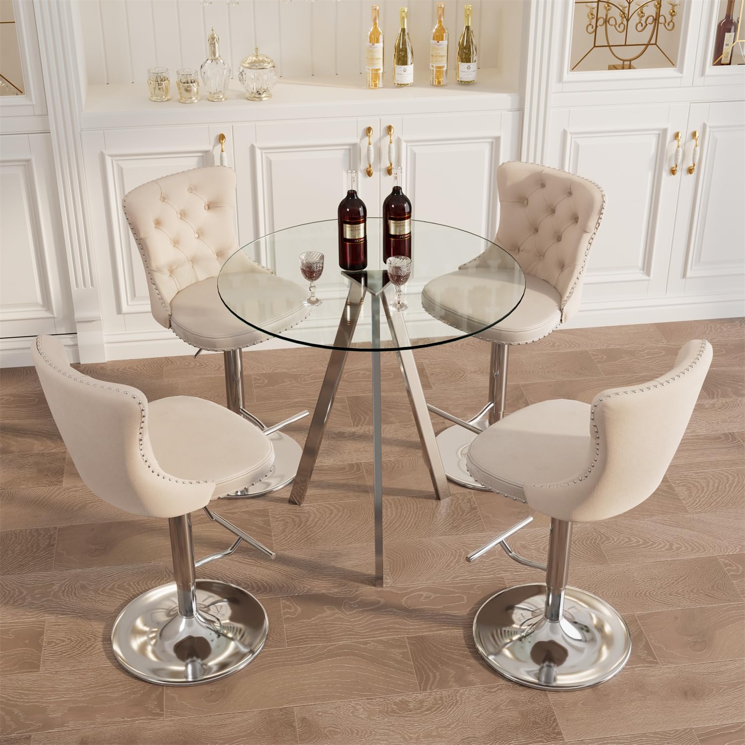 Modern Round Glass High Top Bar Table with Chrome Metal Legs - Clear Top & Silver Base - Perfect for Home Bar, Kitchen Island, Dining Room, and Pub Style Entertaining