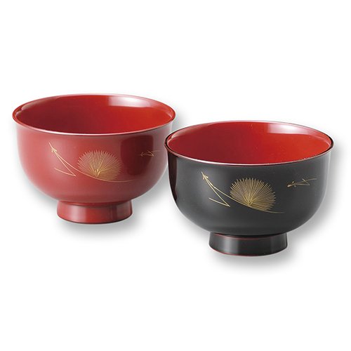 Premium Echizen Coating 904103 Matsuba Sinkin Feather Soup Bowls - Set of 2 (Vermilion & Black) - Handcrafted Japanese Ceramic Rice/Noodle Bowls for Home Dining & Gifts