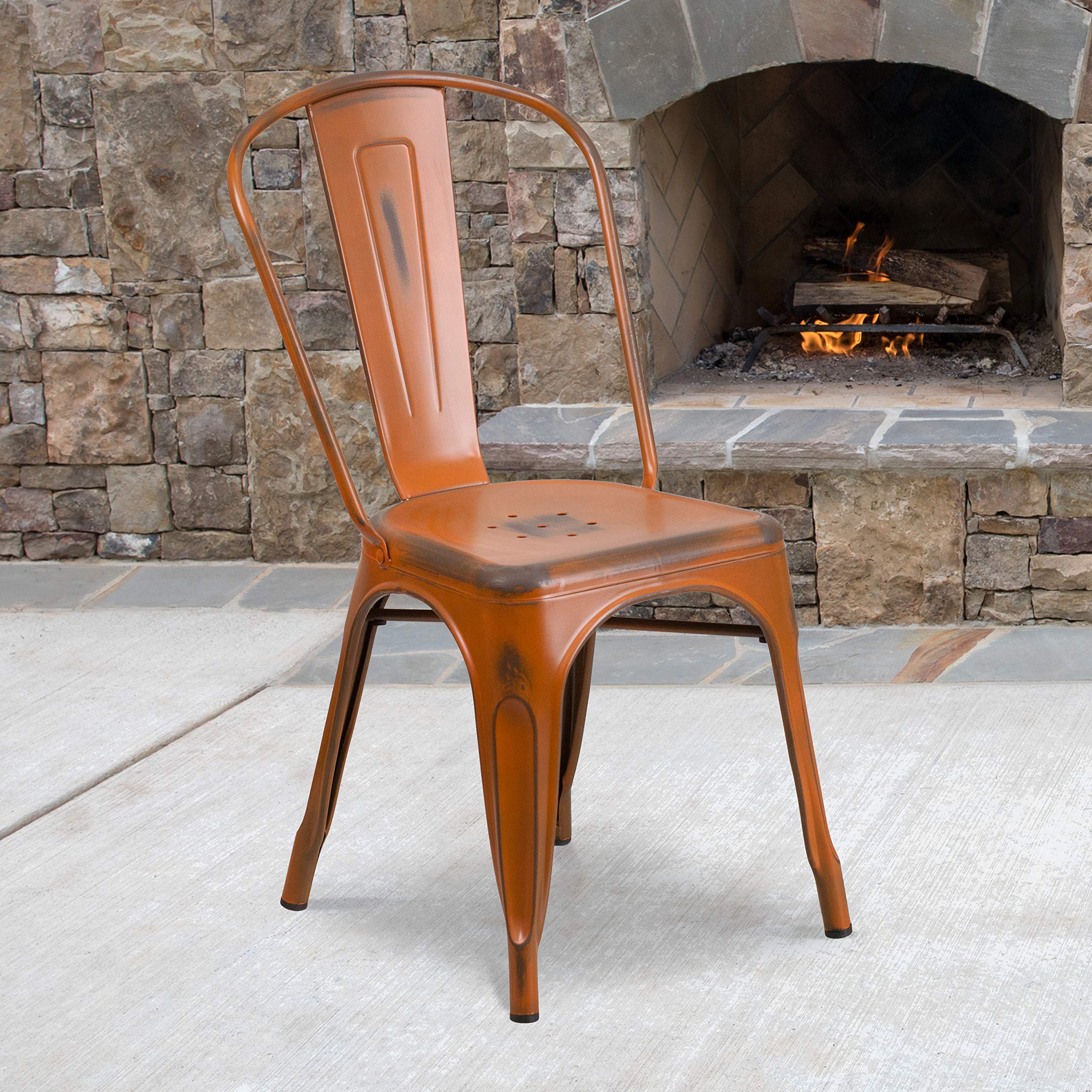 Flash Furniture Commercial Grade Distressed Orange Metal Indoor-Outdoor Stackable Chair - Durable for Restaurants, Cafes, Patios & Events
