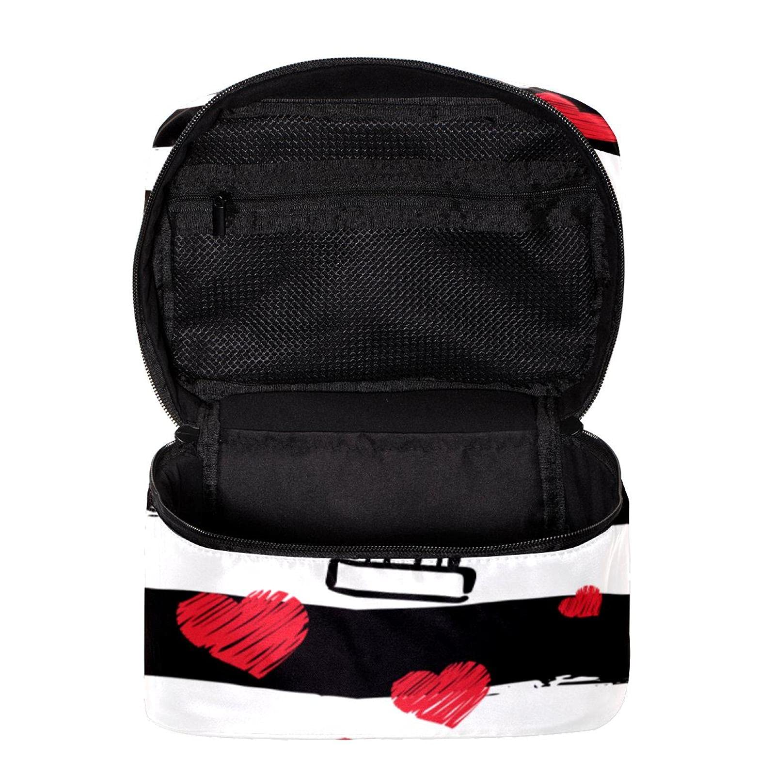 Red Lipstick & Black White Stripes Large Travel Makeup Bag - Cosmetic Organizer Case with Zipper for Women & Girls | Perfect for Travel, Gym & Daily Essentials Storage