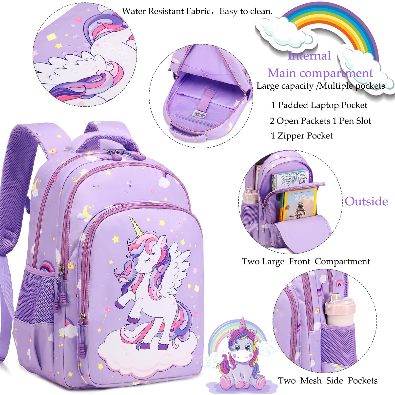 Unicorn Backpack for Girls - 3 in 1 School Bookbag Set with Pencil Case & Lunch Box | Cute Elementary Backpack for Kids | Perfect for School, Travel & Daily Use