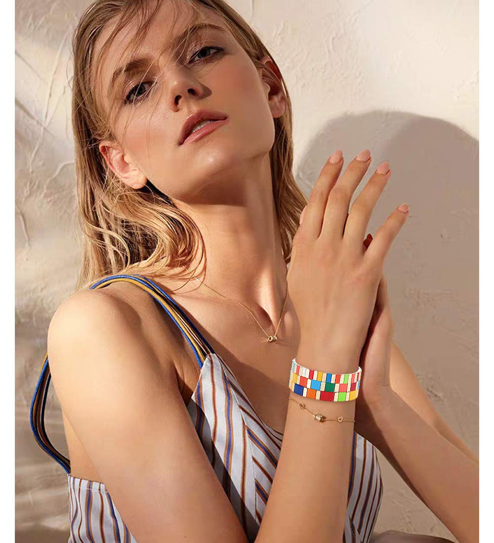 ANGLESJELL Enamel Tile Bracelets - Rainbow Colorful Rectangle Beaded Stretch Bracelets for Women & Girls, Stackable Layered Bangle Jewelry - Perfect for Casual Wear, Gift Giving, and Festival Outfits