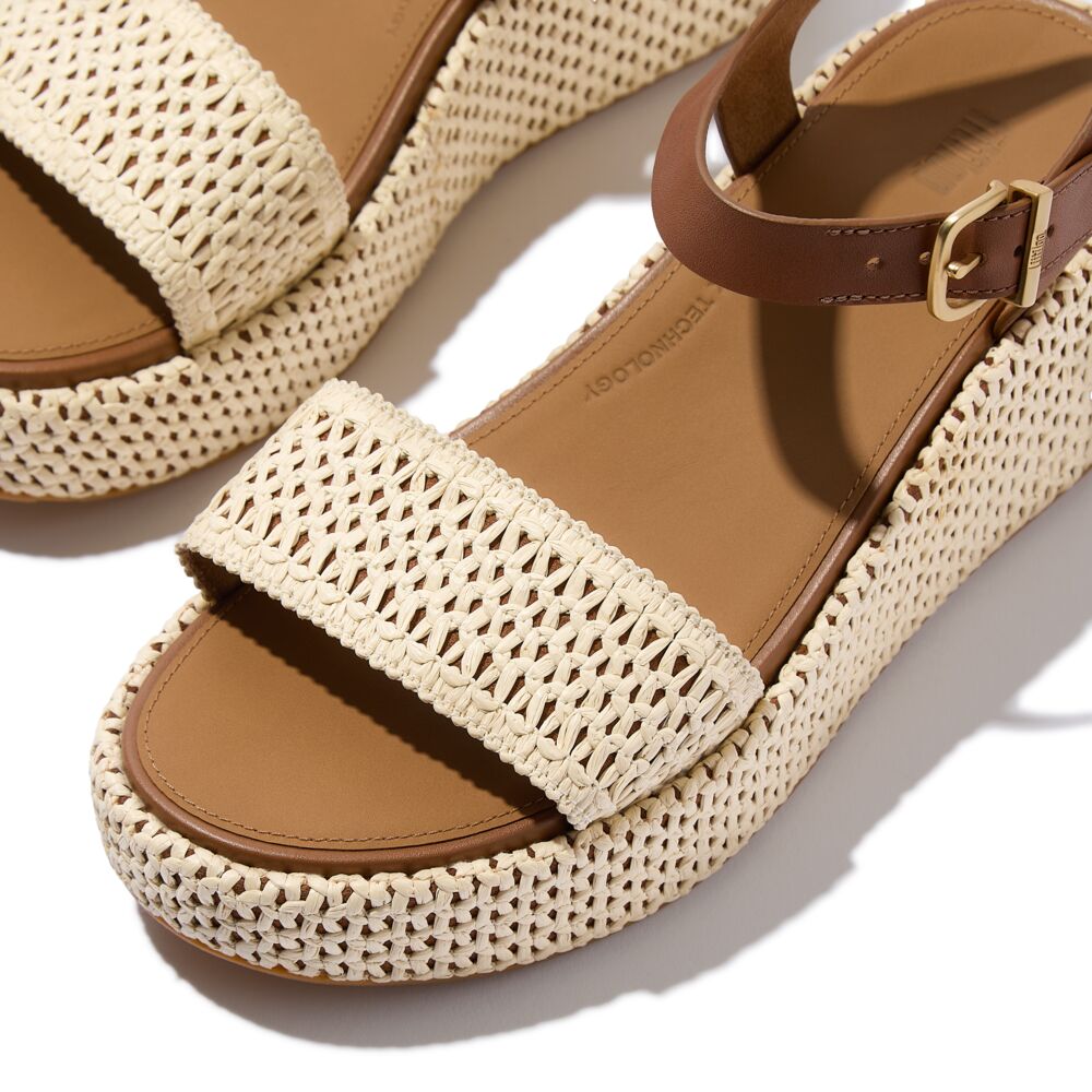 FitFlop Platfforms Woven Wedge Ankle Strap Sandals for Women - Comfortable Summer Walking Shoes in Deep Tan/Ivory - Perfect for Beach, Vacation & Casual Outfits