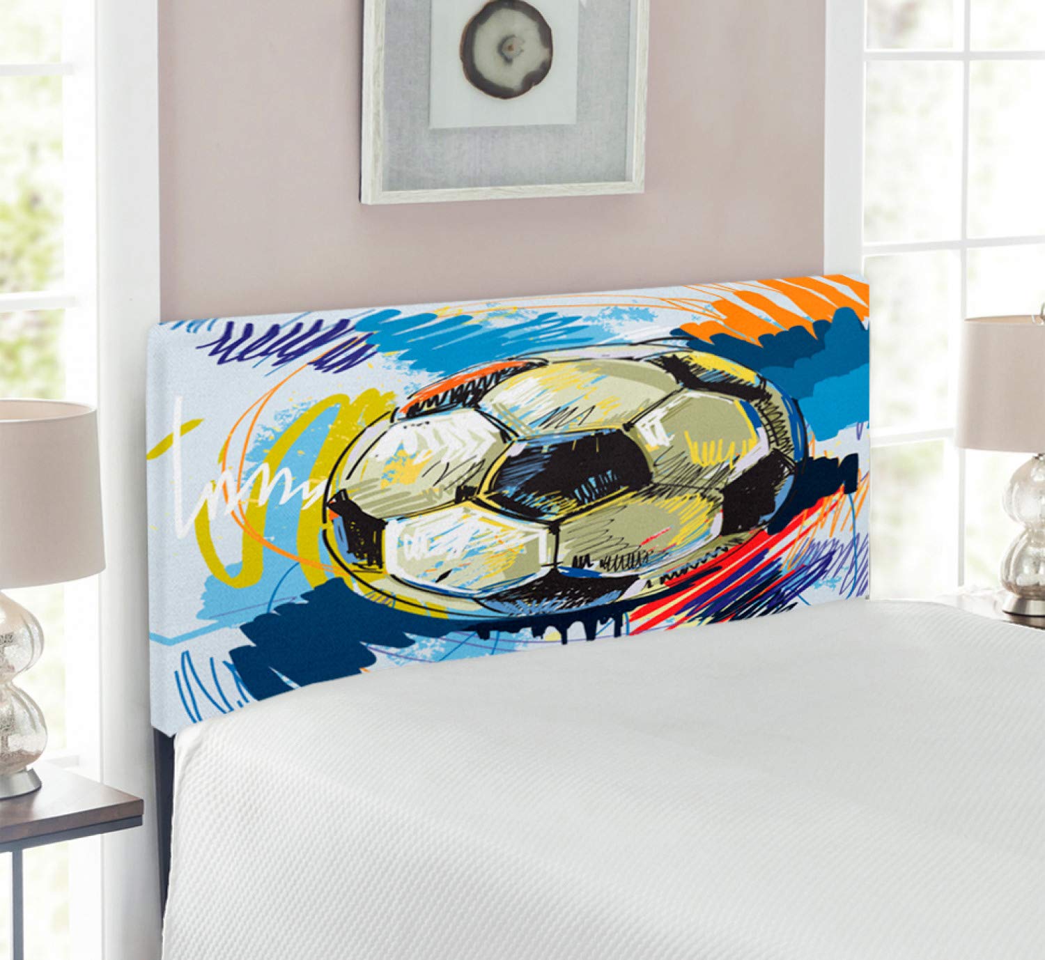 Ambesonne Soccer Headboard - Twin Size Upholstered Metal Bed Headboard with Memory Foam | Colorful Football Ball Illustration & Distressed Motion Art Design | Perfect for Kids' Bedrooms, Sports Themed Decor & Soccer Fan Gifts