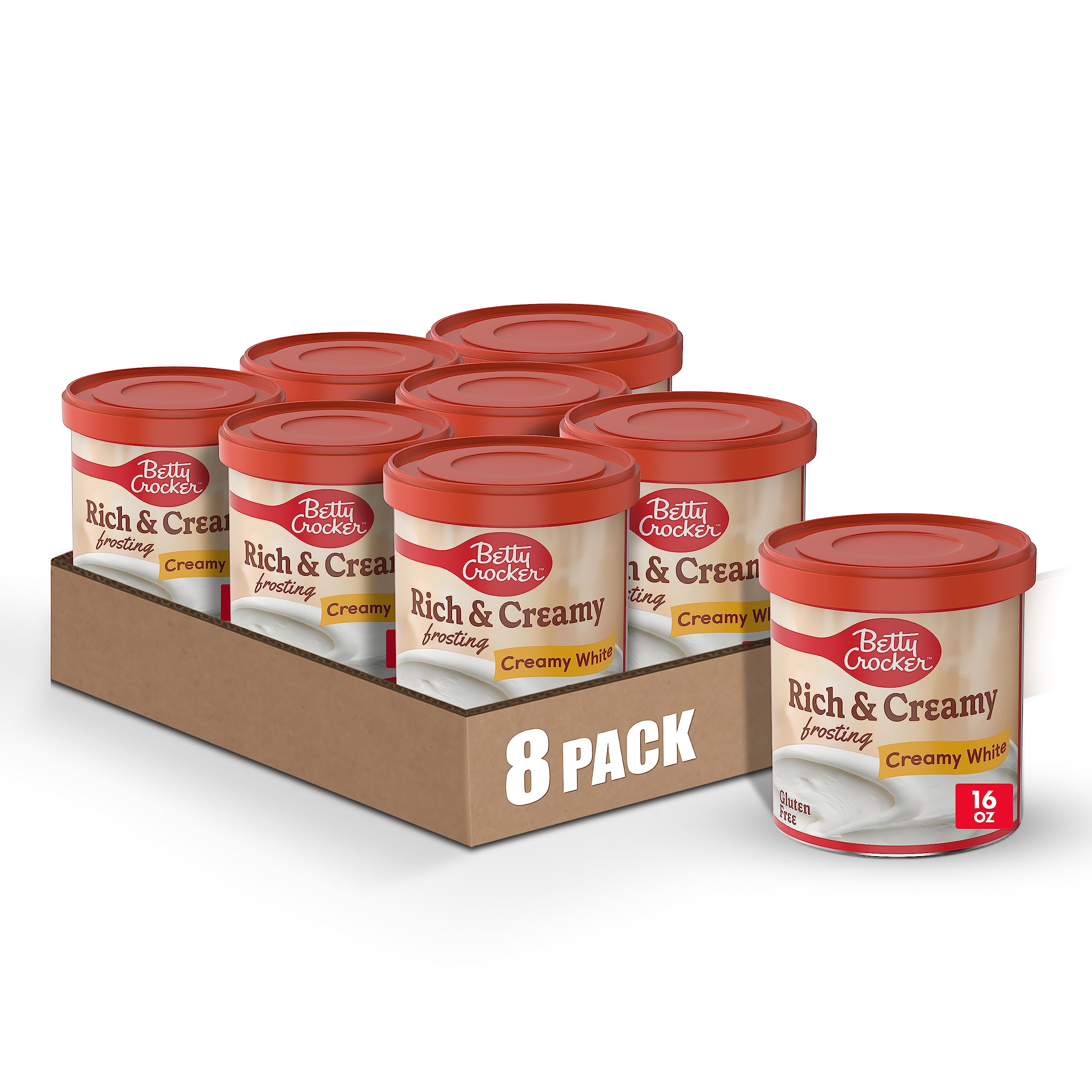 Betty Crocker Gluten Free Rich & Creamy White Frosting - 16 oz (Pack of 8) - Perfect for Cakes, Cupcakes & Desserts - Dairy Free & Vegan Friendly Baking Icing