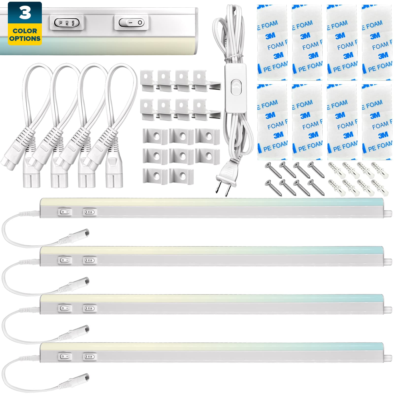 Sunperian 4-Pack LED Under Cabinet Lighting Kit - 23 Inch Plug-in LED Light Strips, 36W 3600 Lumens, Linkable Design with 3 Color Temperatures (3000K/4000K/5000K), Peel & Stick or Bracket Mount, On/Off Switch, Damp Rated - Perfect for Kitchen, Pantry, Garage, and Workspace Lighting