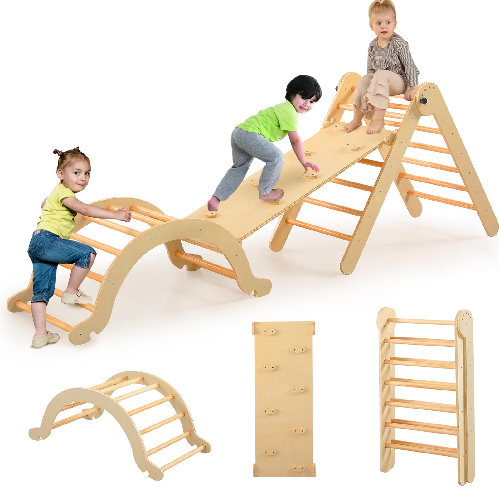 7 in 1 Wooden Pikler Triangle Set for Toddlers - Montessori Foldable Climbing Toys with Arch, Ramp & Triangle | Indoor/Outdoor Play Equipment for Kids' Early Learning & Physical Development | Perfect for Home Playroom, Daycare or Backyard Activities